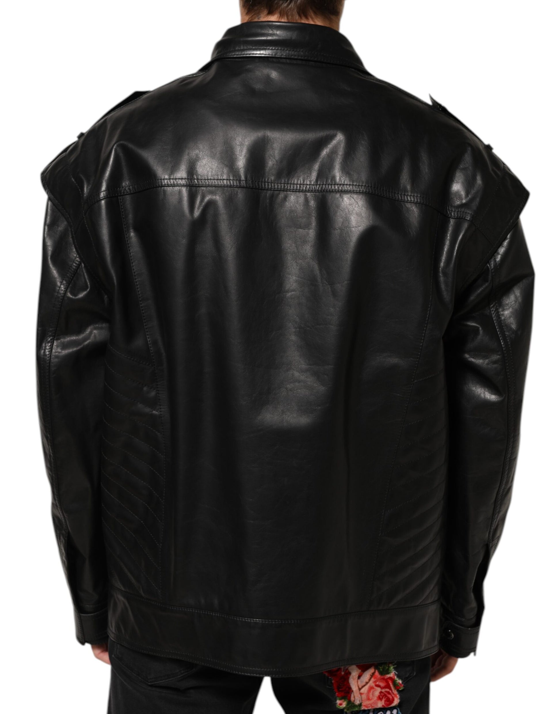 Black Leather Full Zip Biker Blouson Jacket