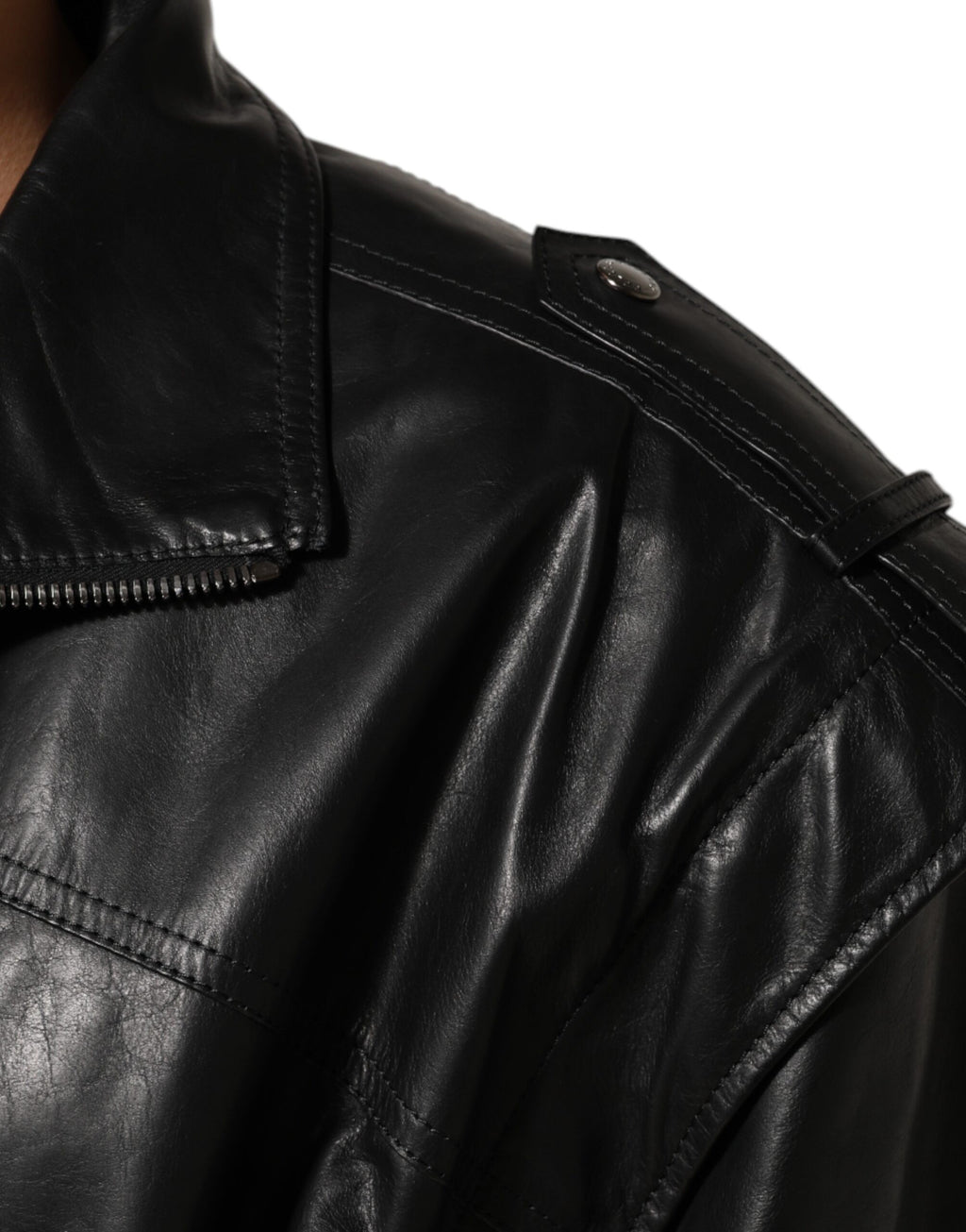 Black Leather Full Zip Biker Blouson Jacket