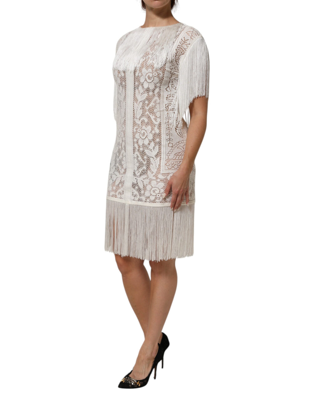White Floral Lace Fringe Knee Length Dress