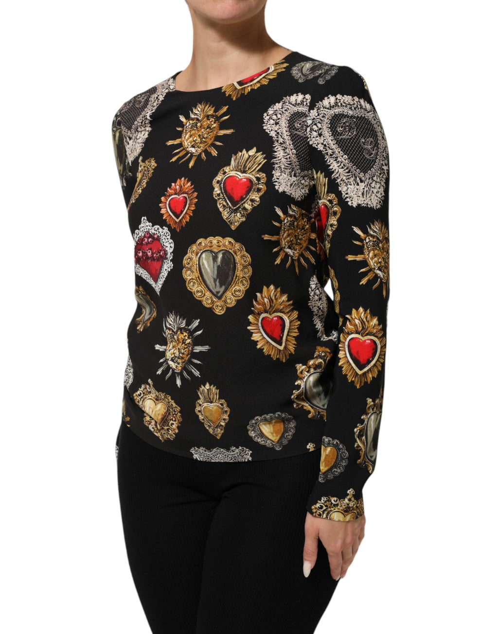 Black Sacred Heart Print Long Sleeves Top