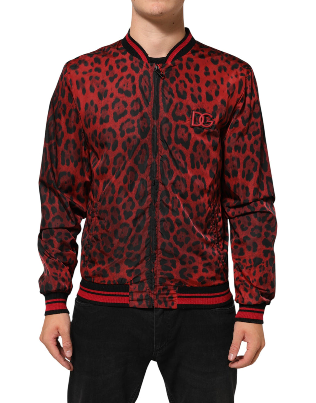 Red Leopard Print Full Zip Bomber Jacket