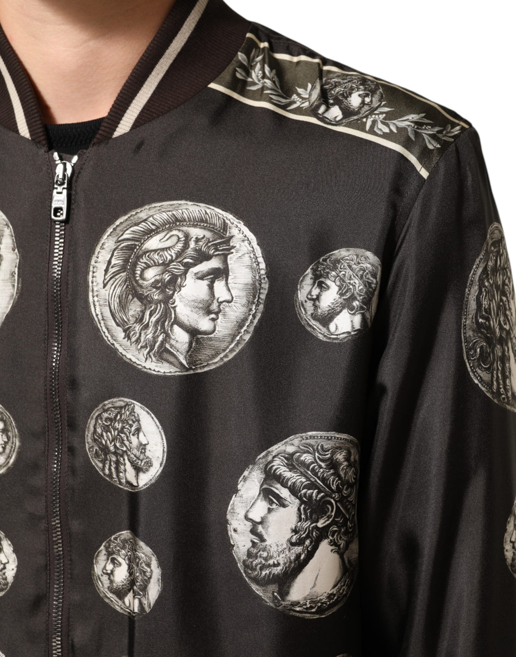 Black "Monete" Coin Print Silk Bomber Jacket