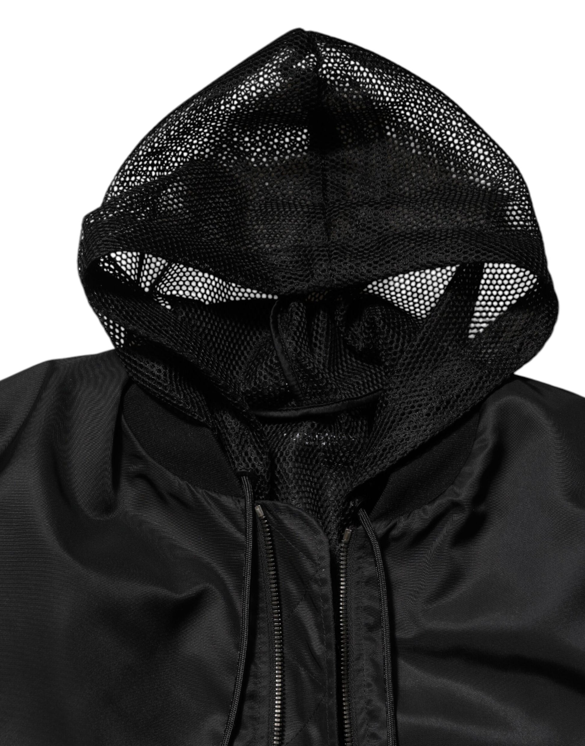 Black Nylon Hooded Full Zip Bomber Men Jacket