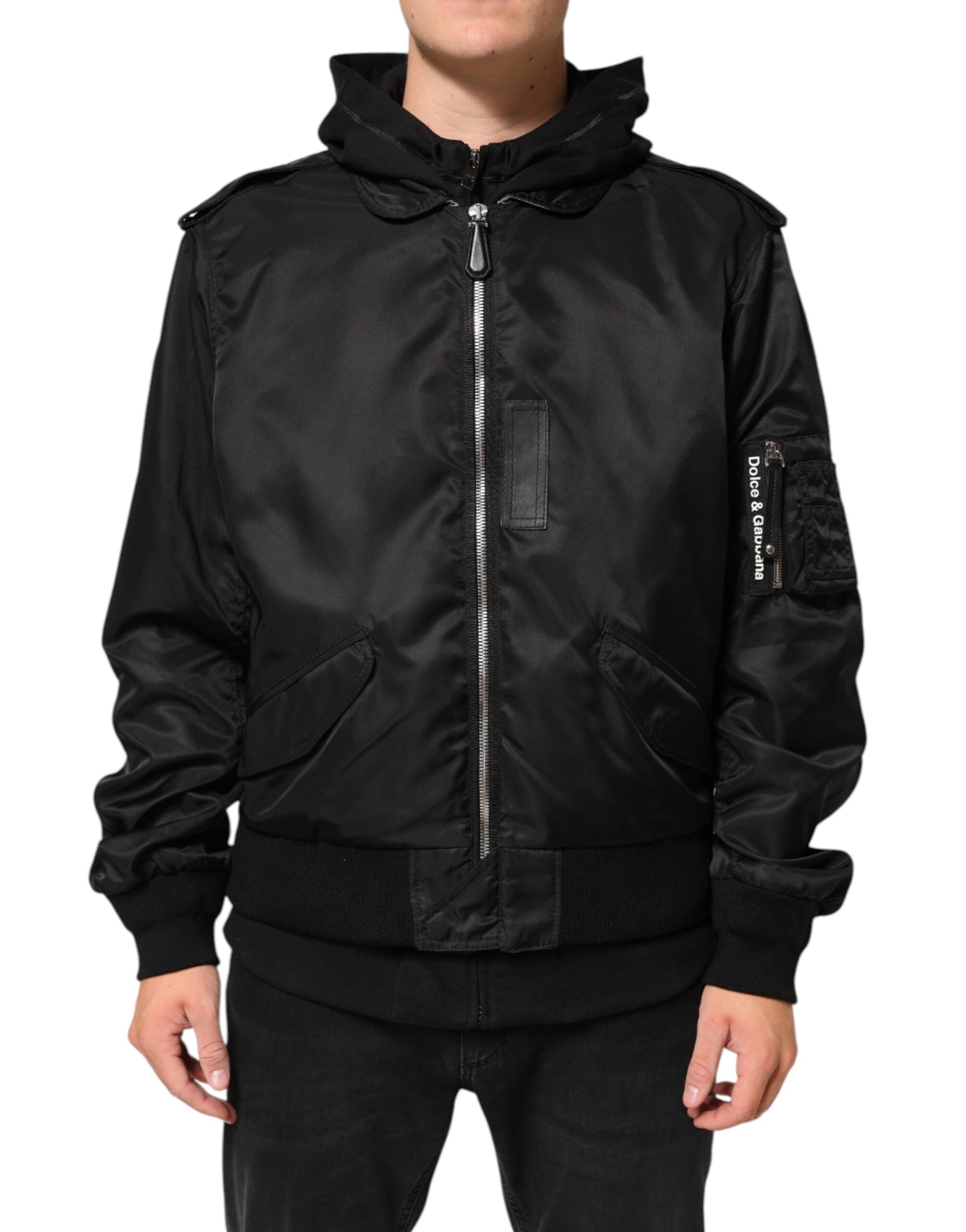 Black Cotton Hooded Full Zip Bomber Jacket