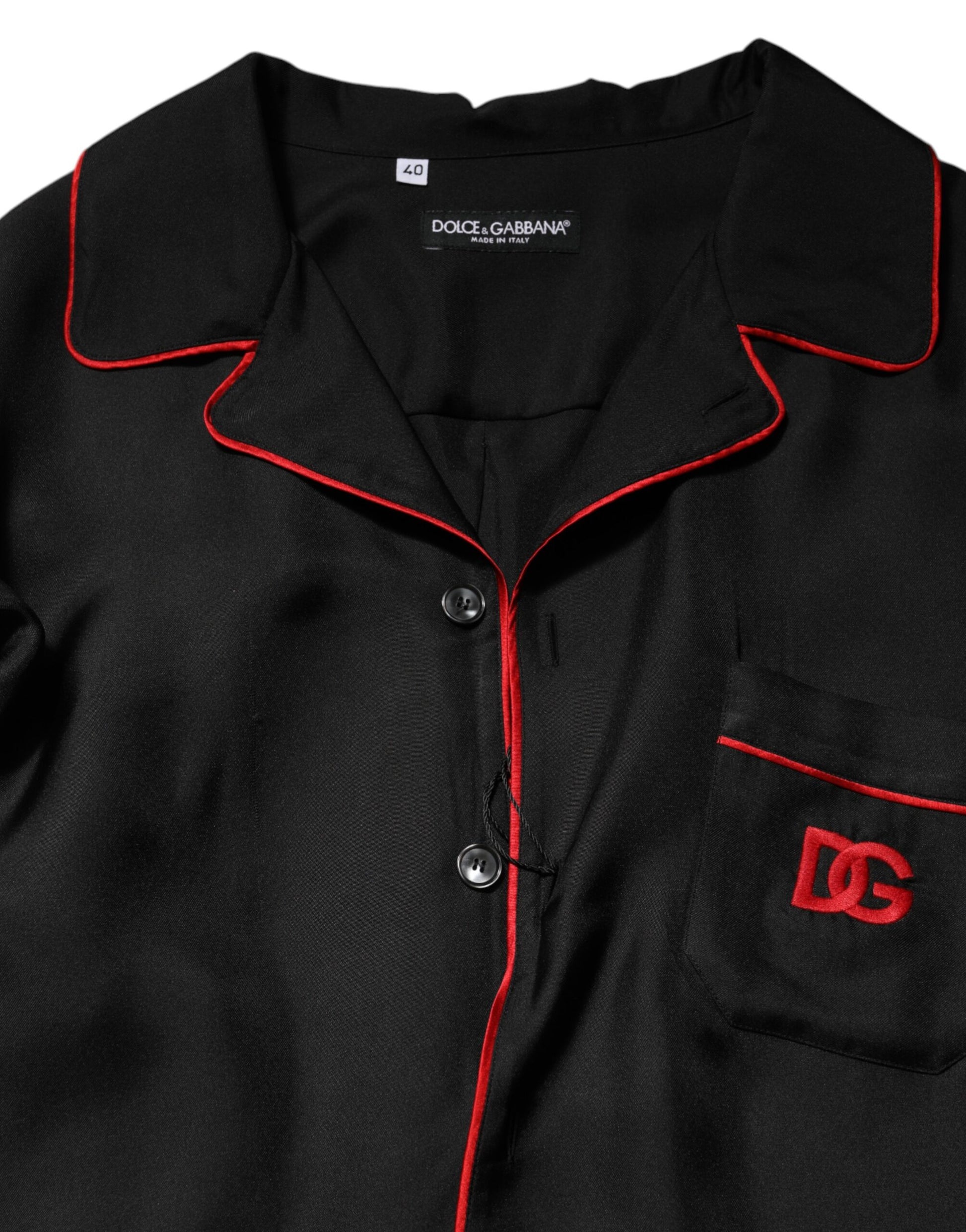 Black Red Contrast Trim Silk Casual Shirt