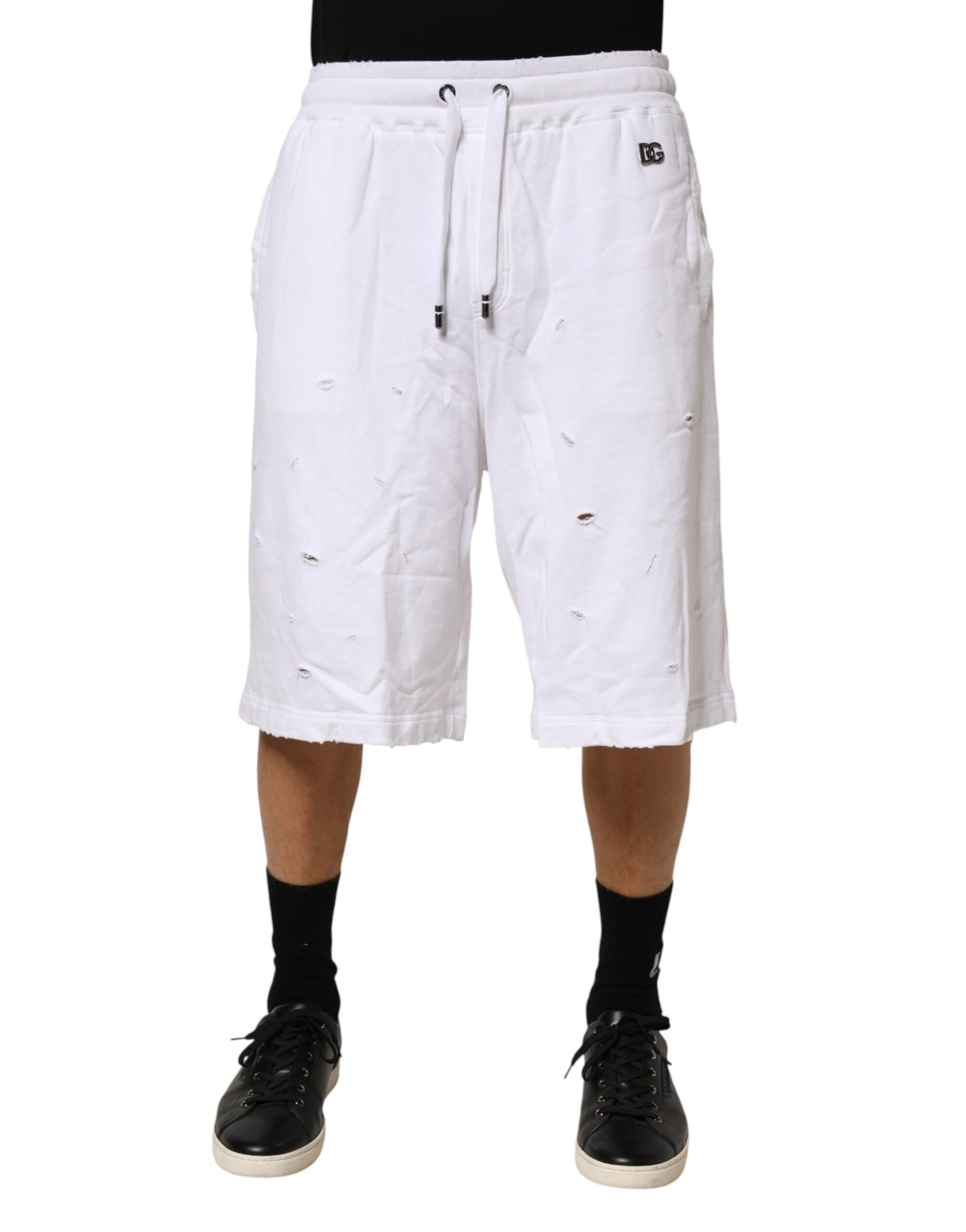 White Distressed Cotton Men Bermuda Shorts