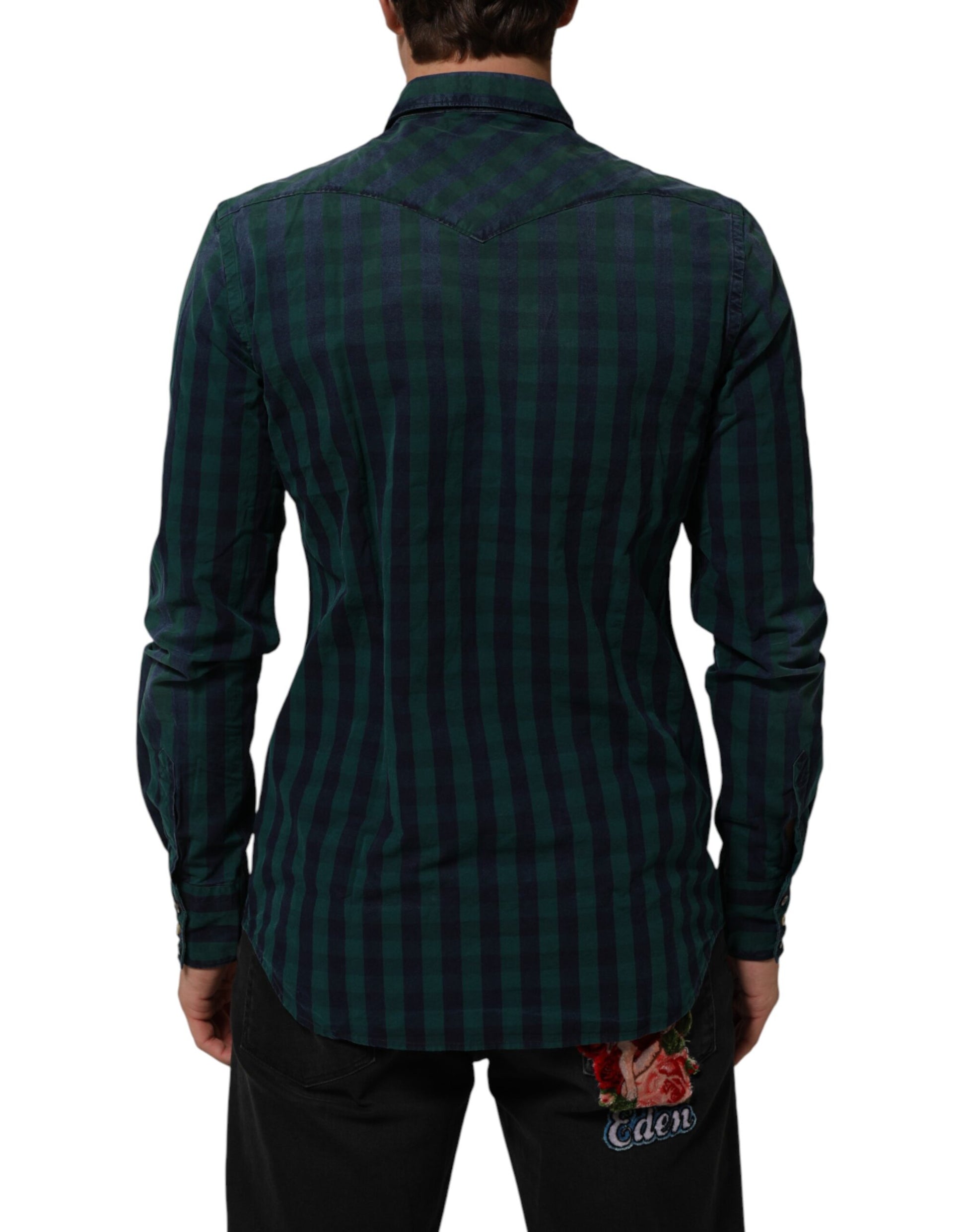 Green Checkered Cotton Button Down Long Sleeves Shirt