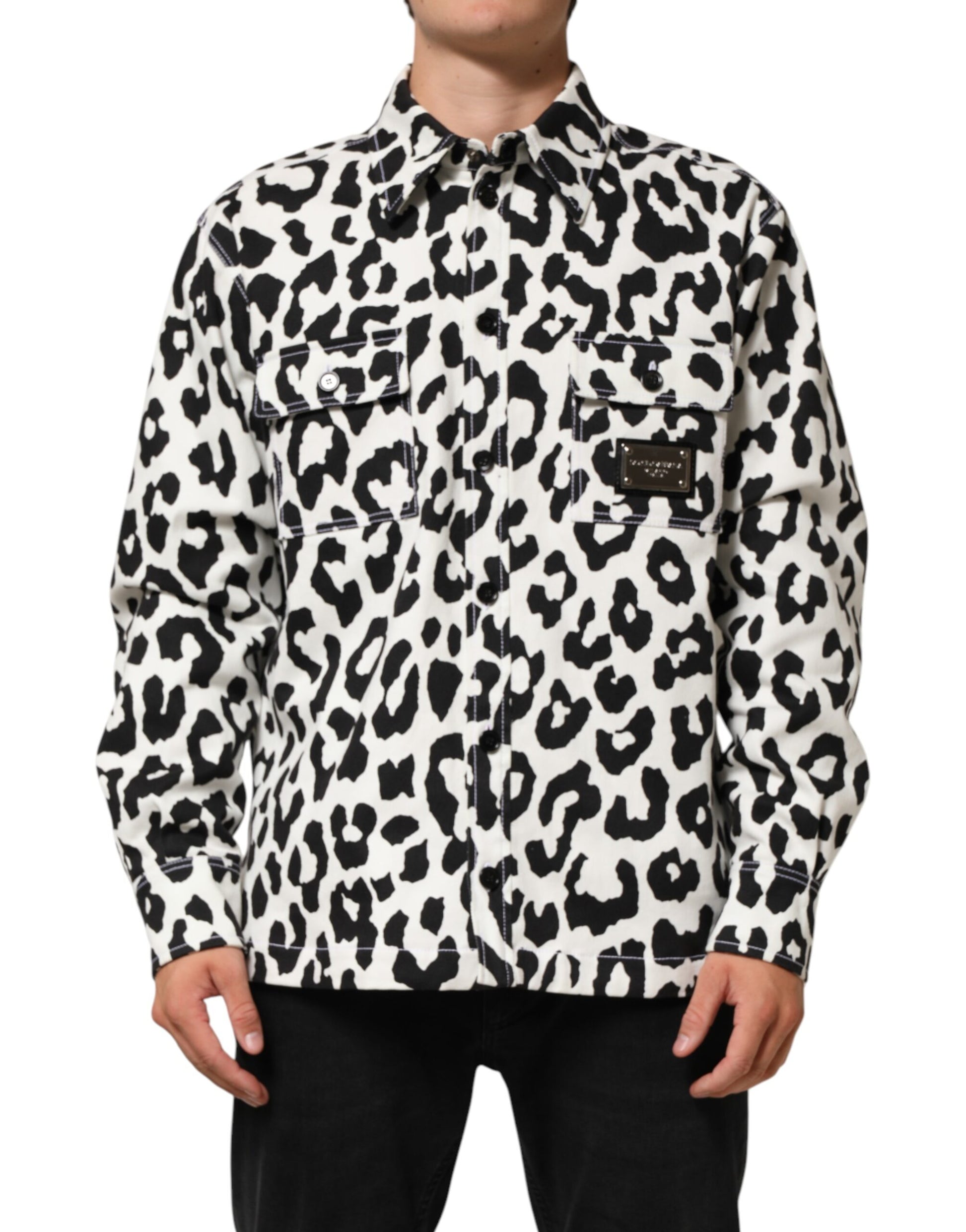 Black White Leopard Denim Blouson Sweater