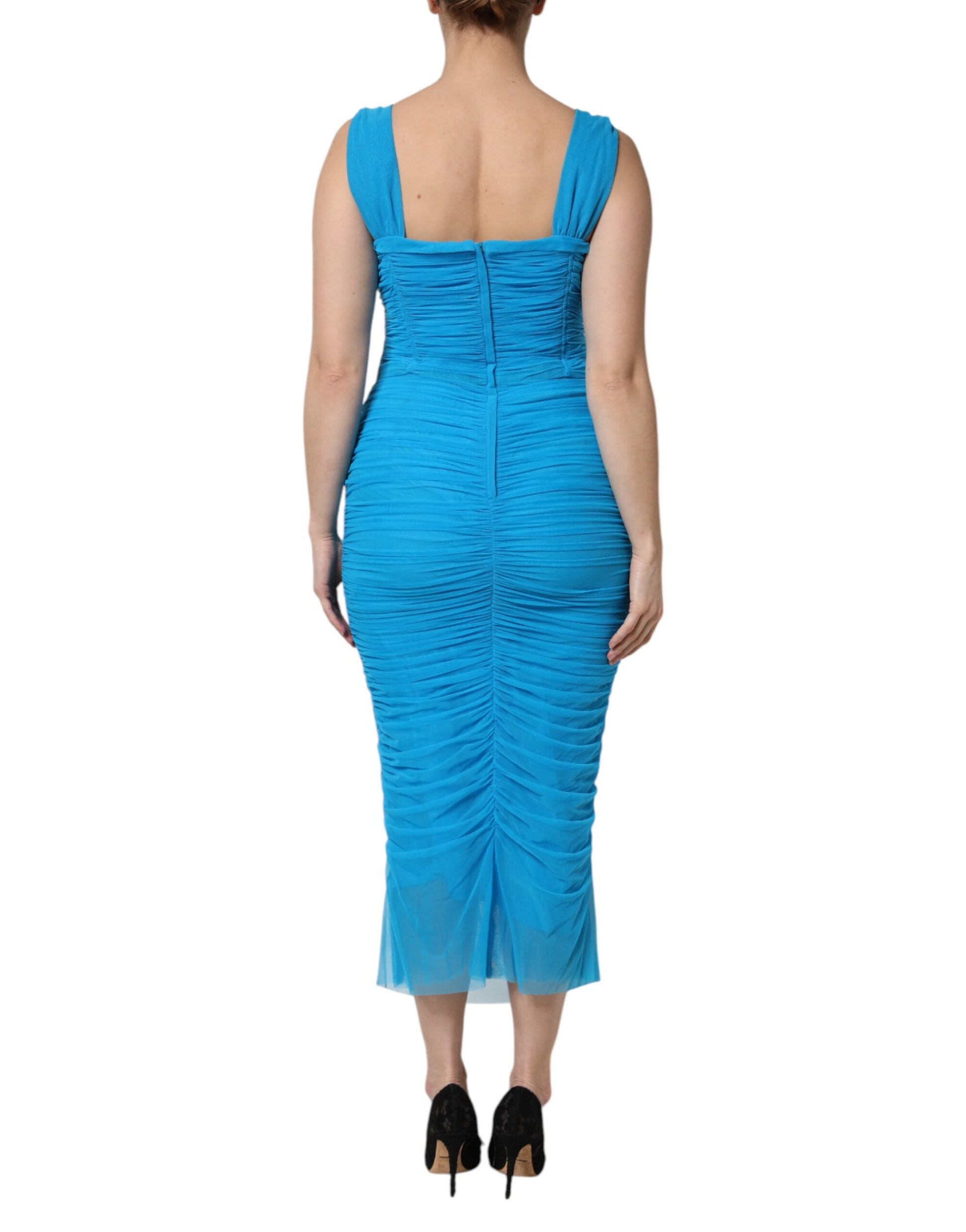 Blue Mesh Trim Ruched Tulle Sheath Dress