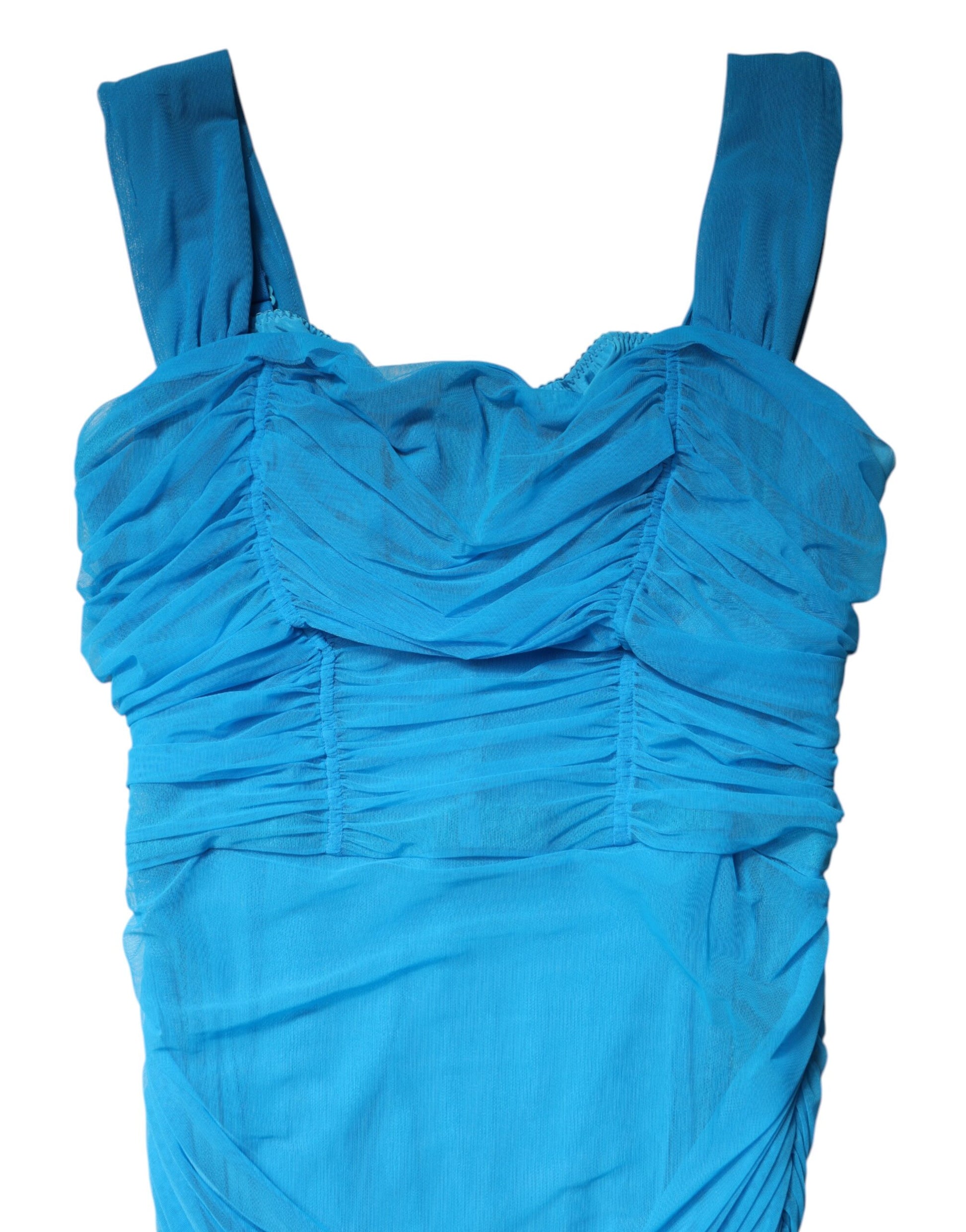 Blue Mesh Trim Ruched Tulle Sheath Dress