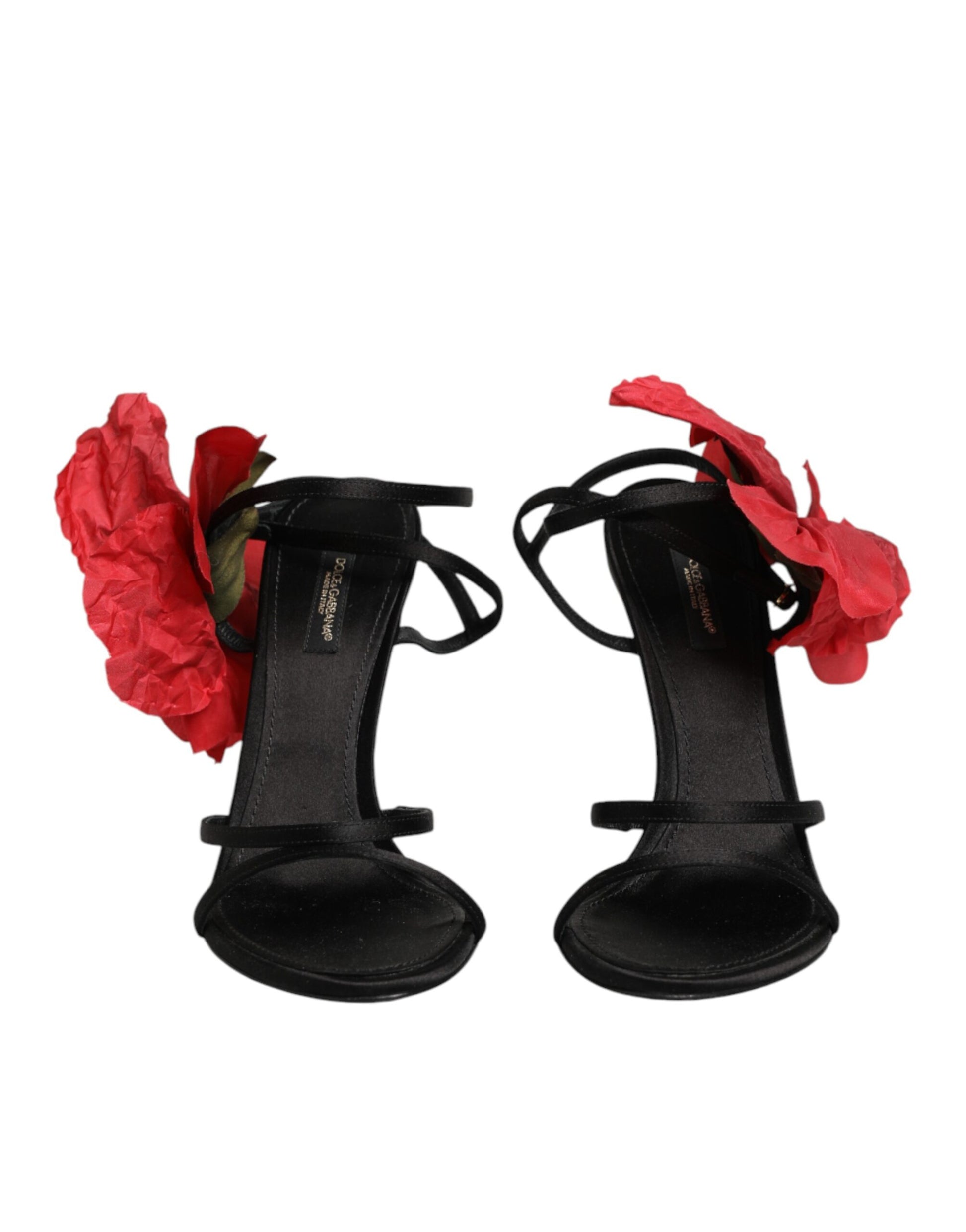 Black Leather Strappy Flower Heels Sandals  Shoes
