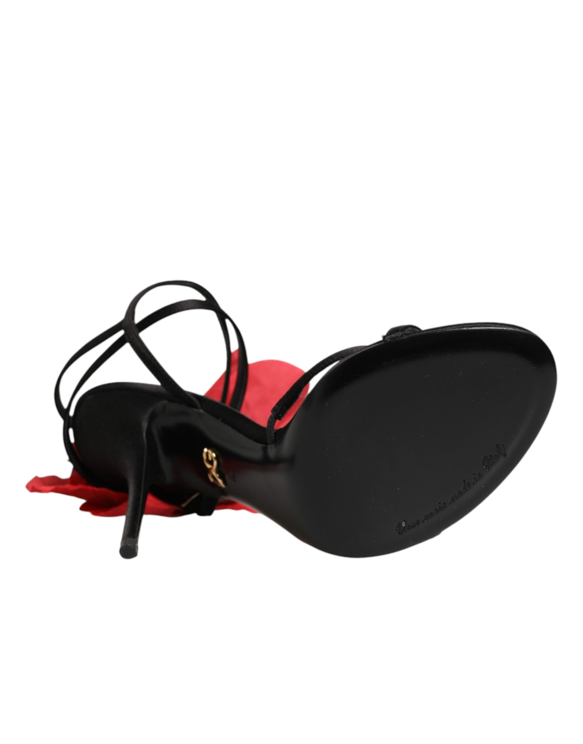 Black Leather Strappy Flower Heels Sandals  Shoes