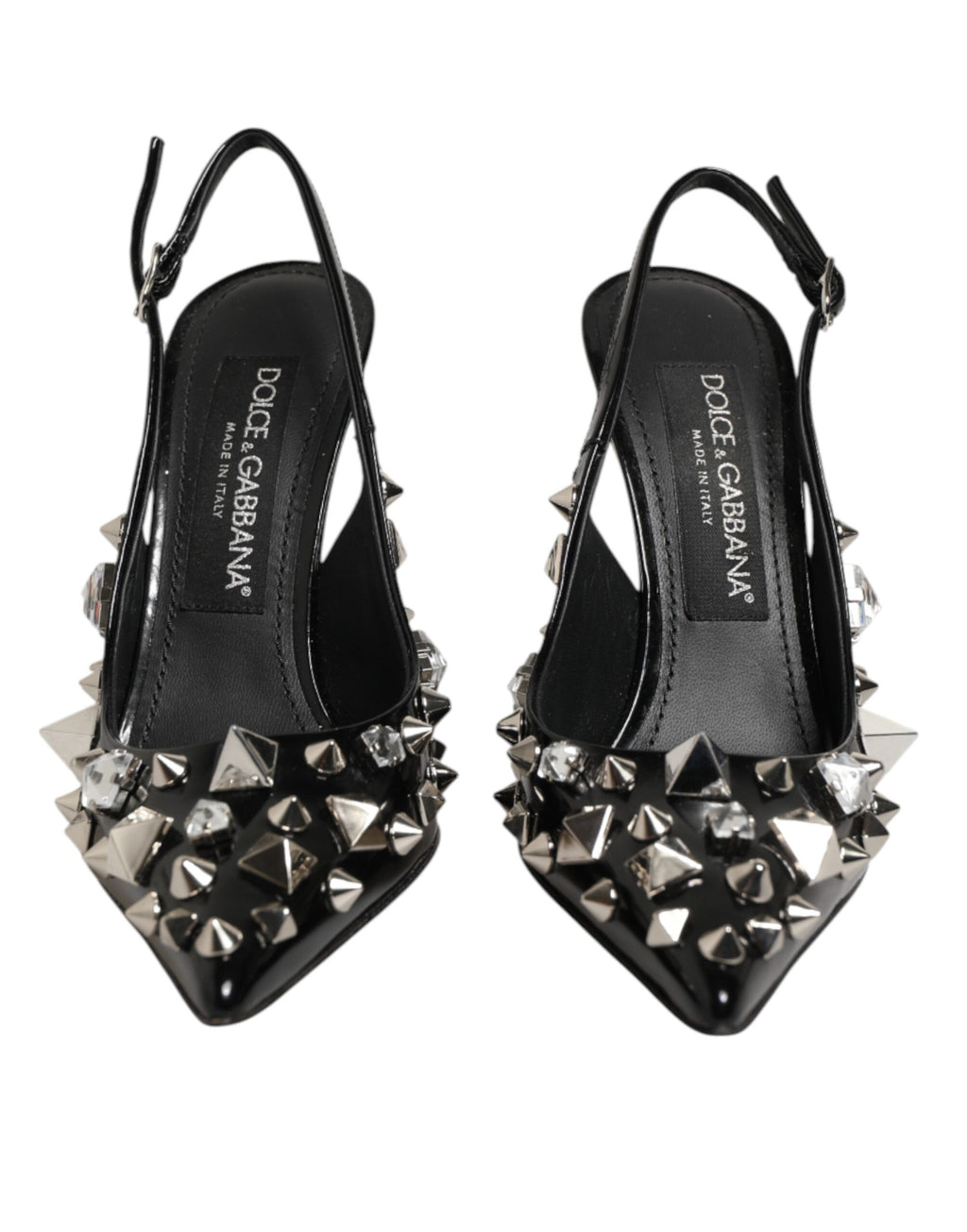 Black Studded Leather Heels Slingbacks Shoes