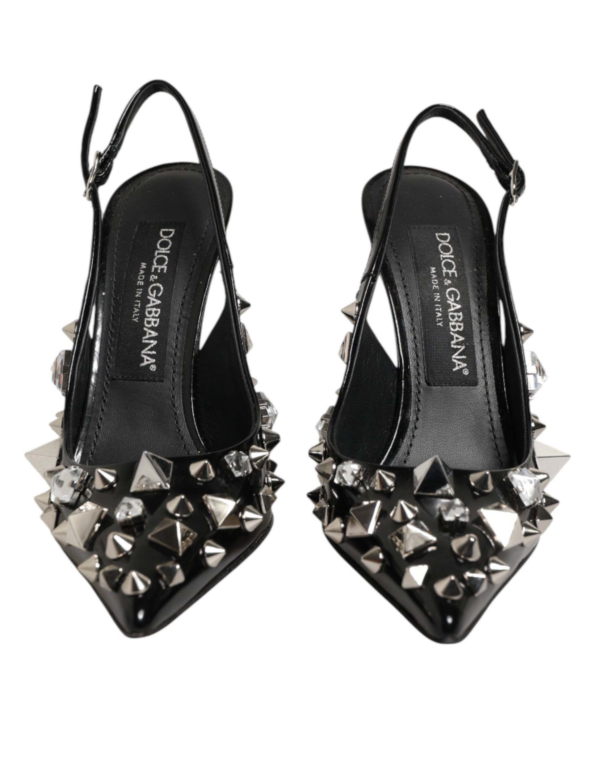Black Studded Leather Heels Slingbacks Shoes