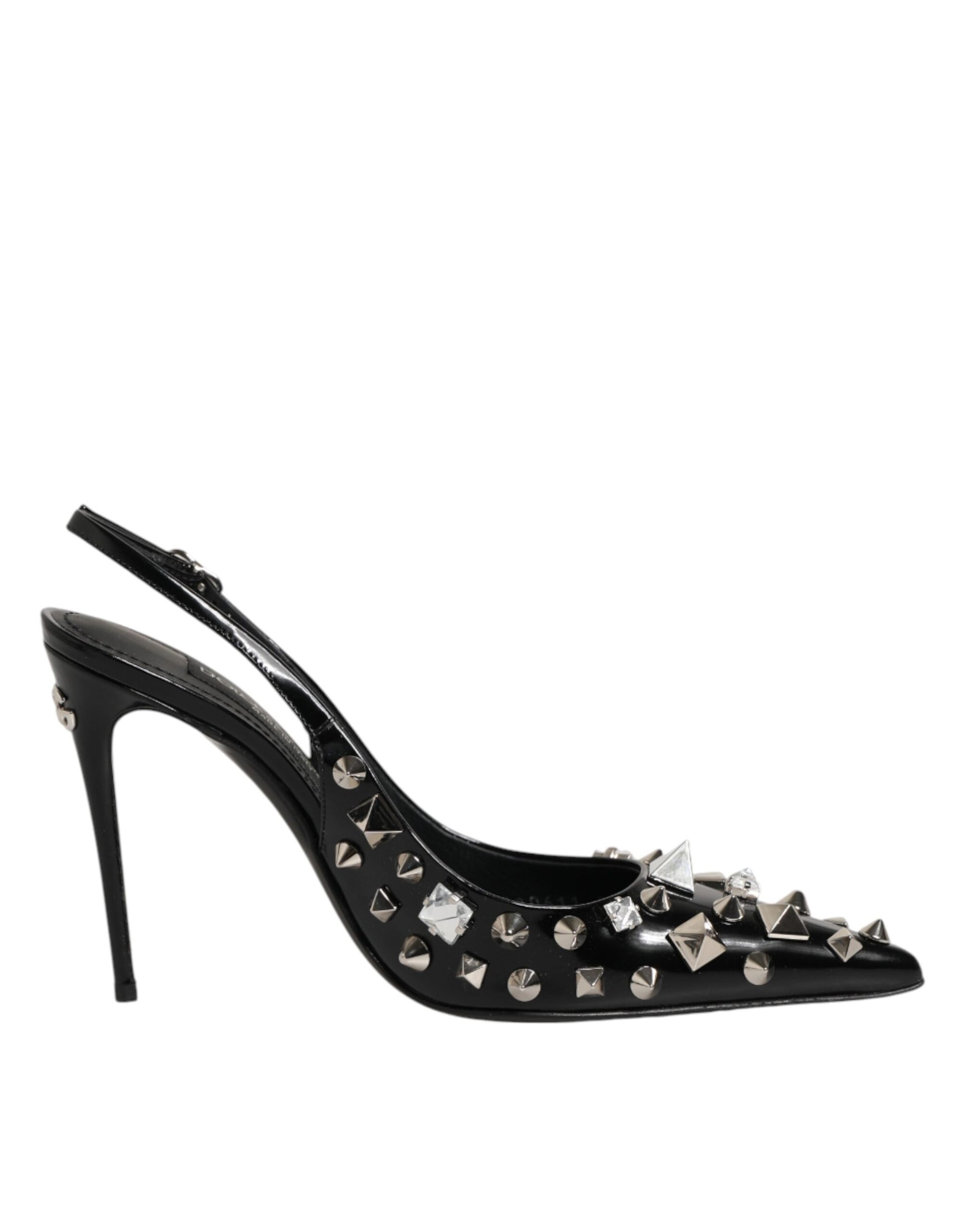 Black Studded Leather Heels Slingbacks Shoes