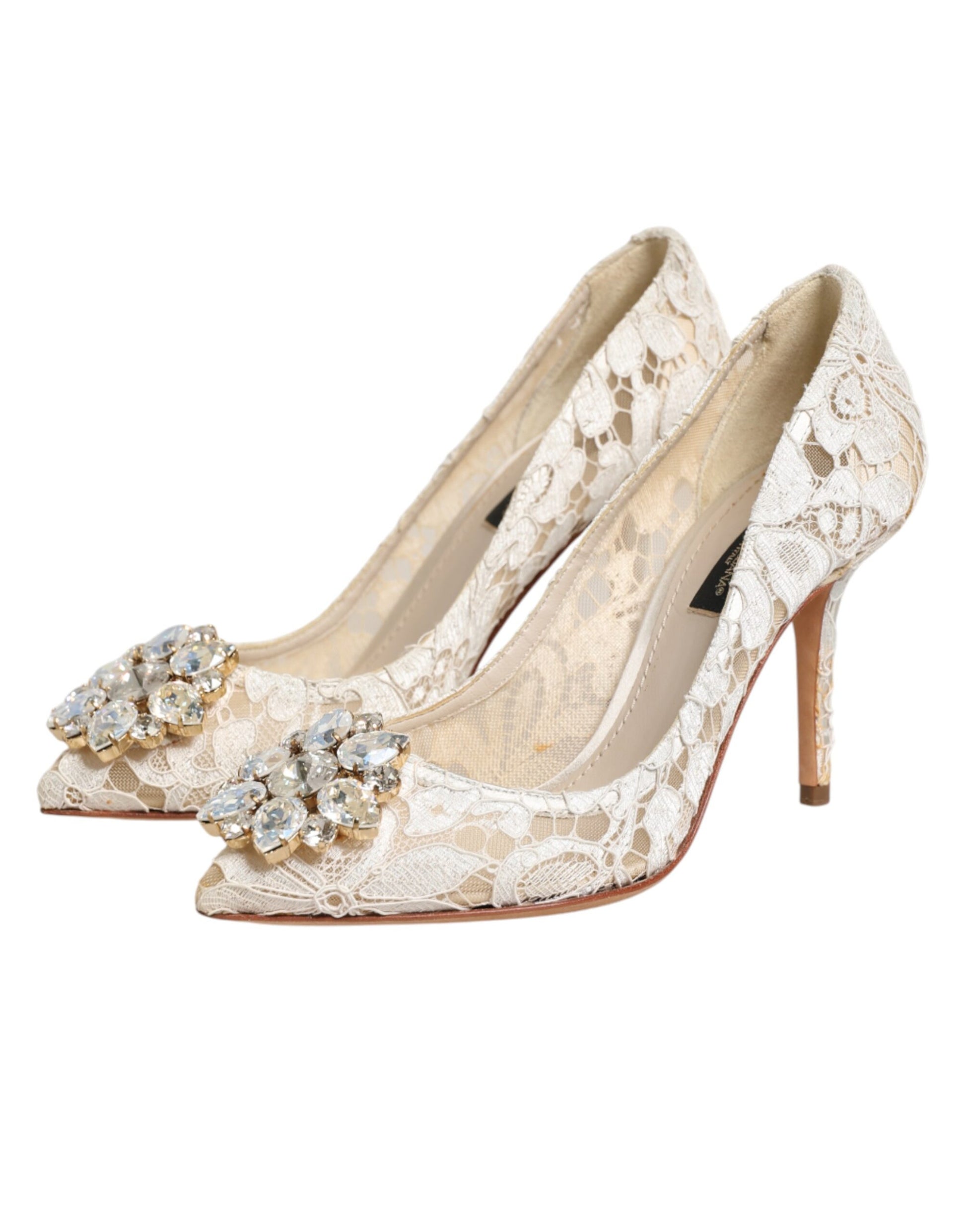 White Taormina Lace Crystal Heel Pumps Shoes