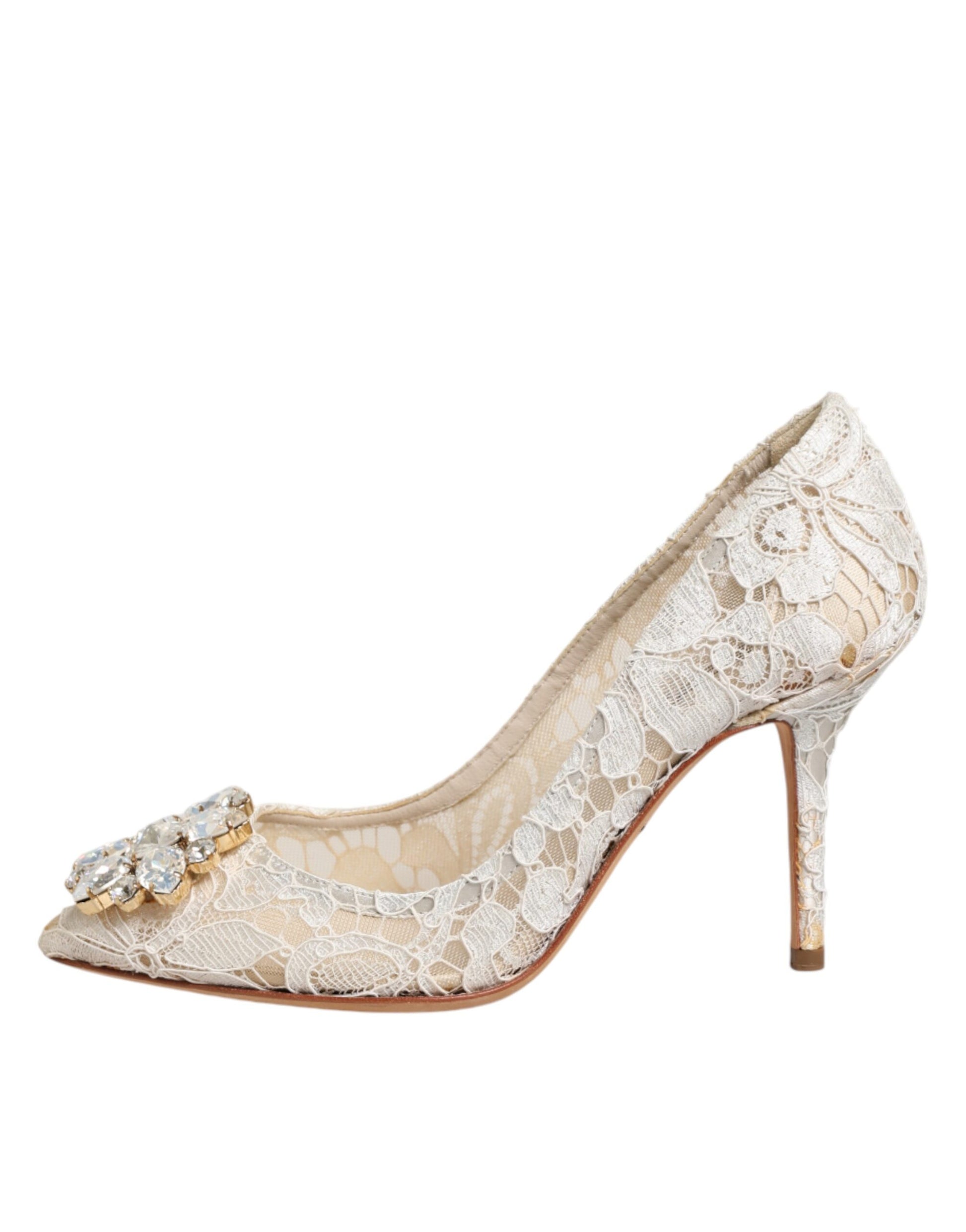 White Taormina Lace Crystal Heel Pumps Shoes