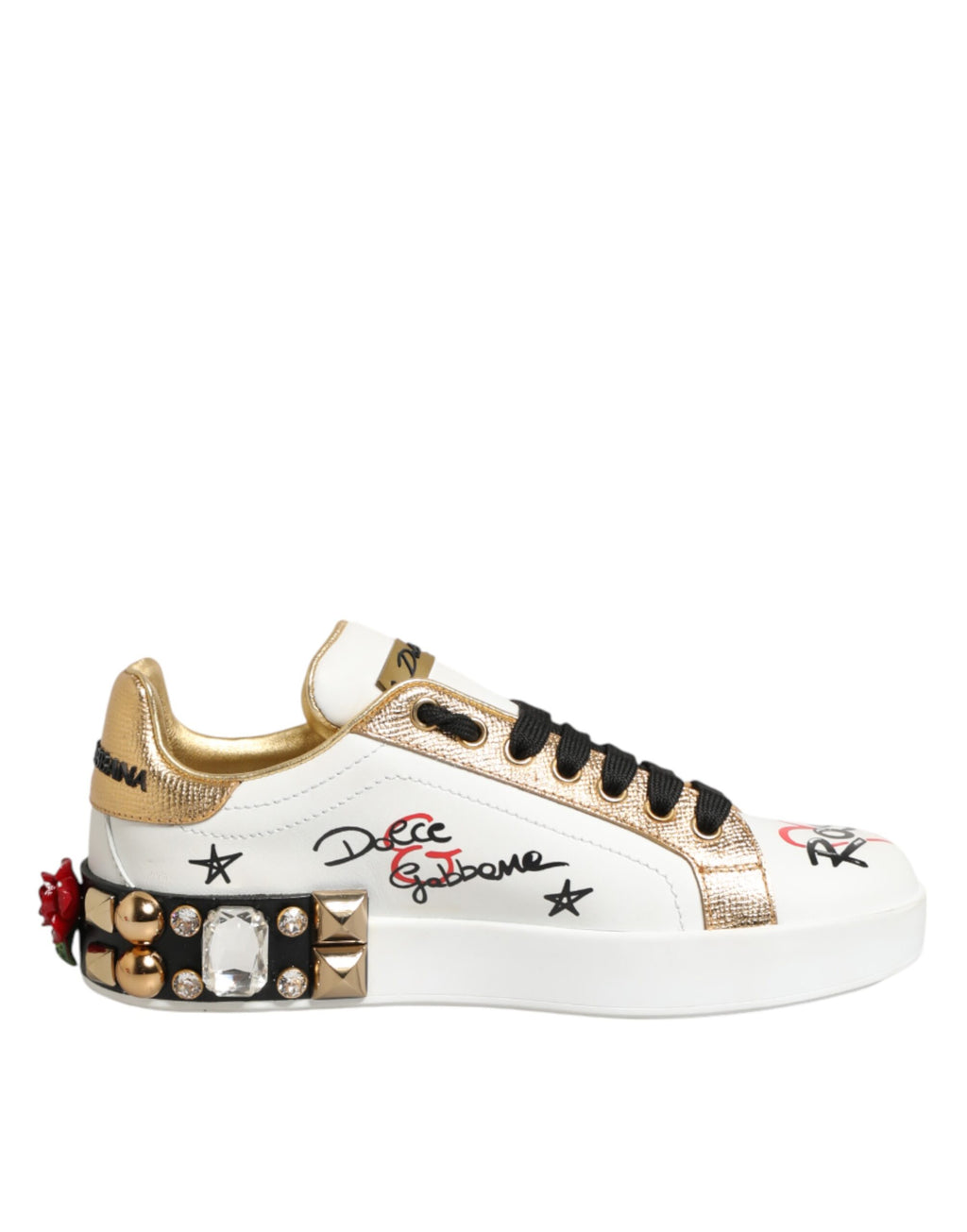 White Leather Floral Studded Sneakers Shoes