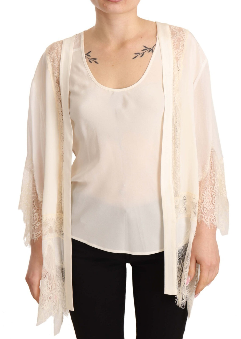 Off White Tank Lace Trim Cardigan Women Blouse Tops