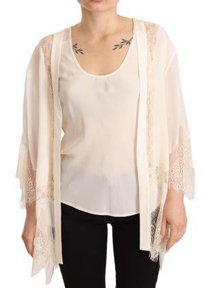 Off White Tank Lace Trim Cardigan Women Blouse Tops