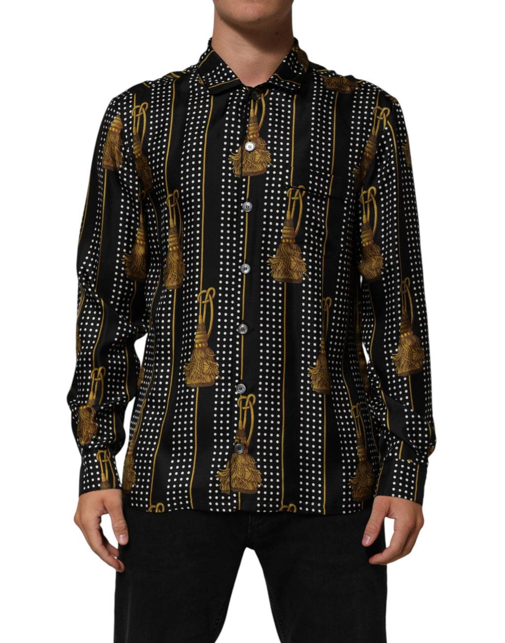 Black Dotted Tassel Silk Button Down Shirt