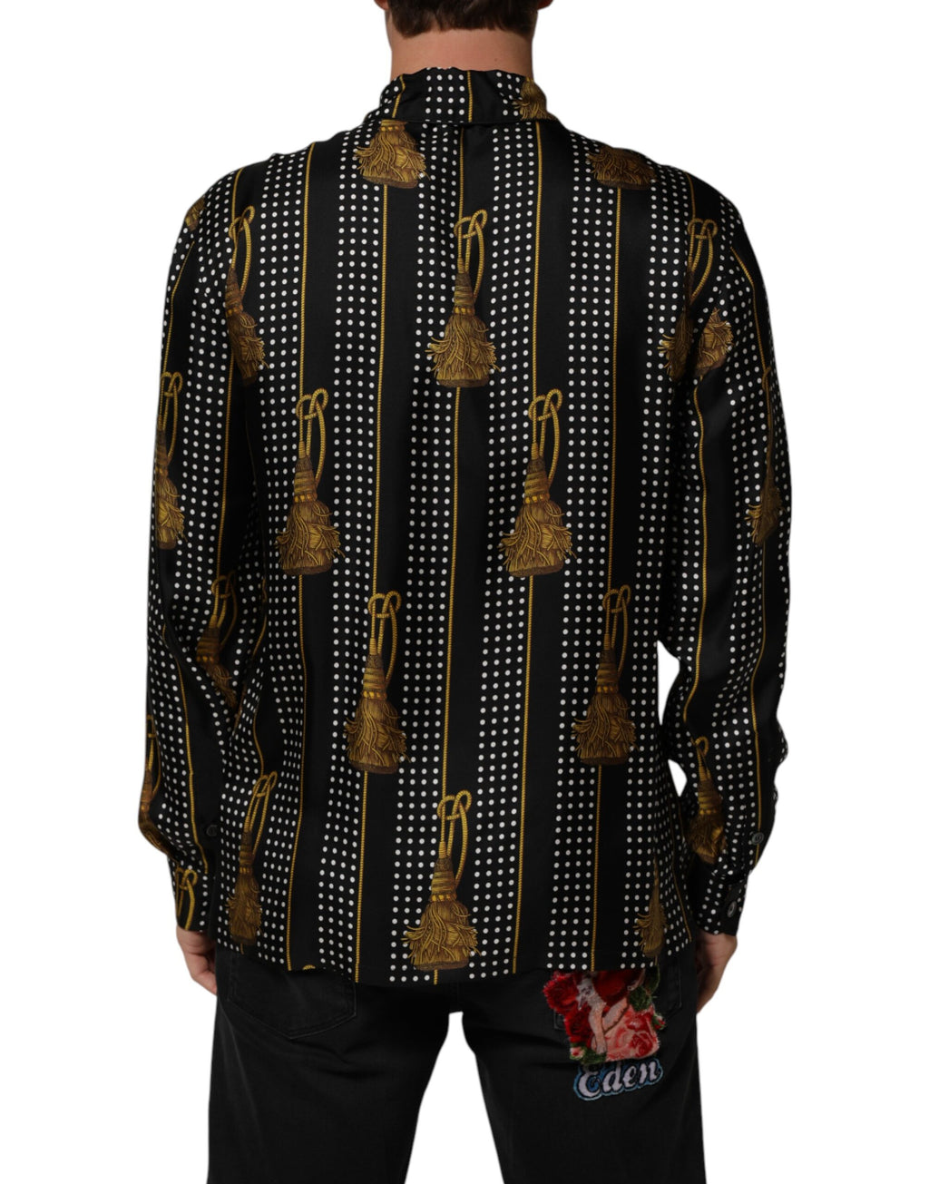 Black Dotted Tassel Silk Button Down Shirt