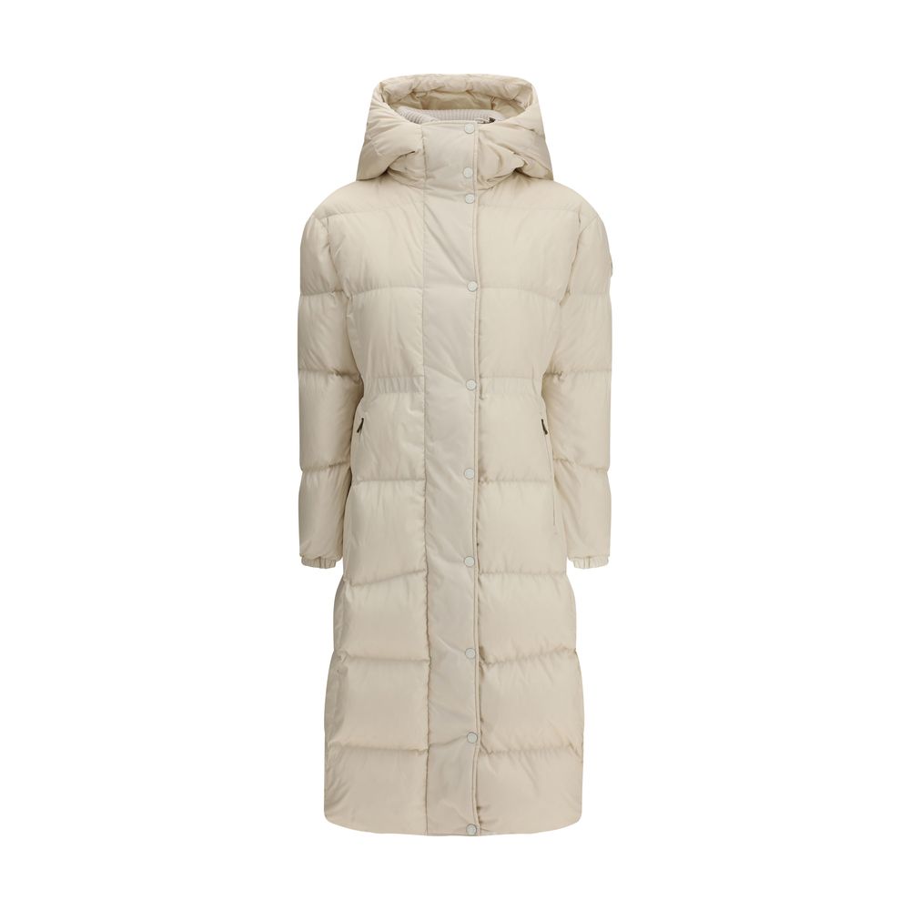 The long Down Jacket with hood and wool trims