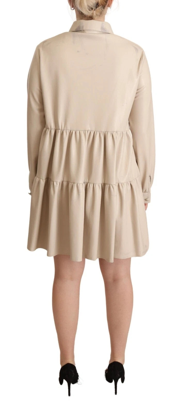 Leather Beige Long Sleeves Collared A-line Mini  Dress