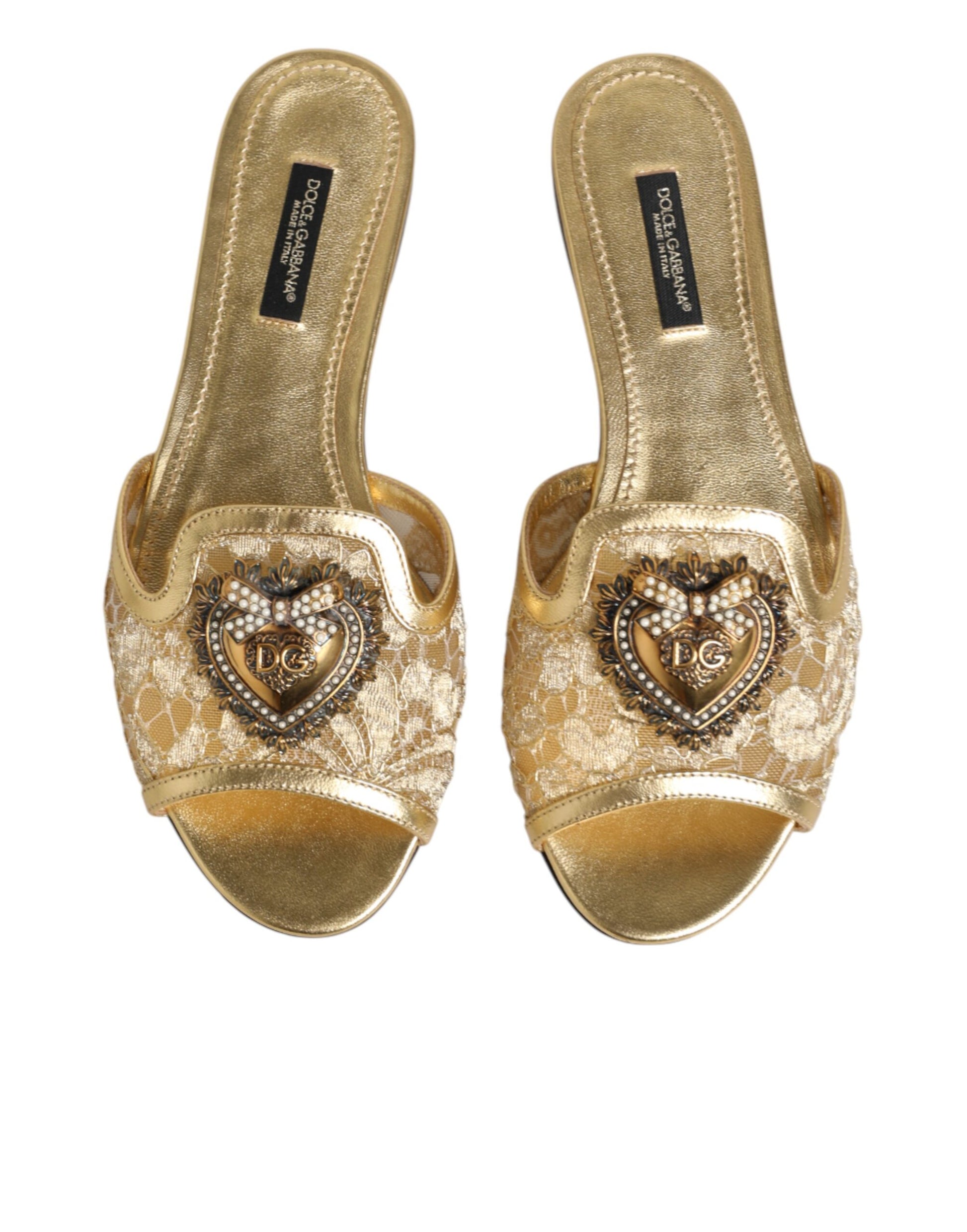 Gold Devotion Lace Flats Slip On Sandals Shoes