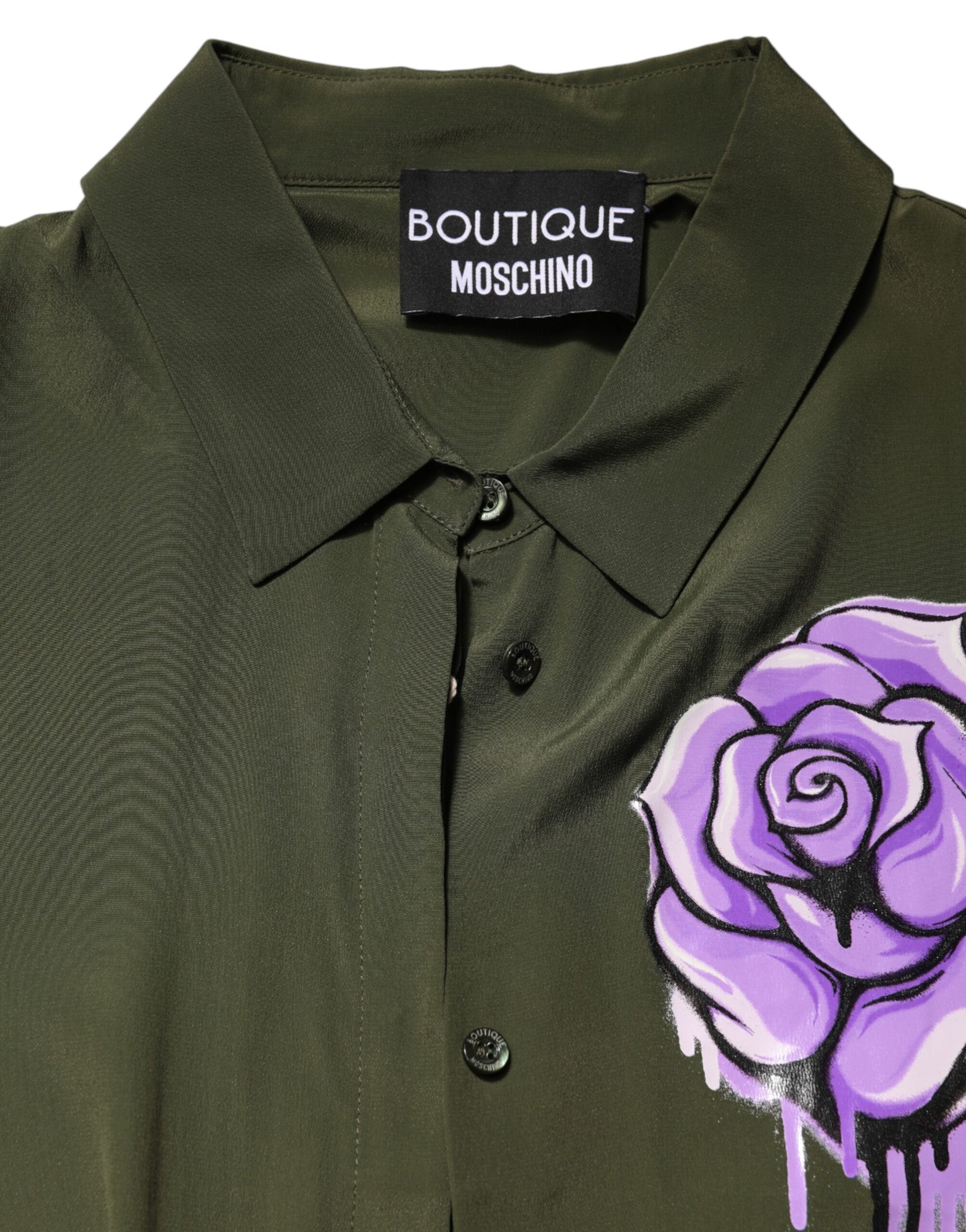 Top Green Acetate Collared Long Sleeves Floral Top