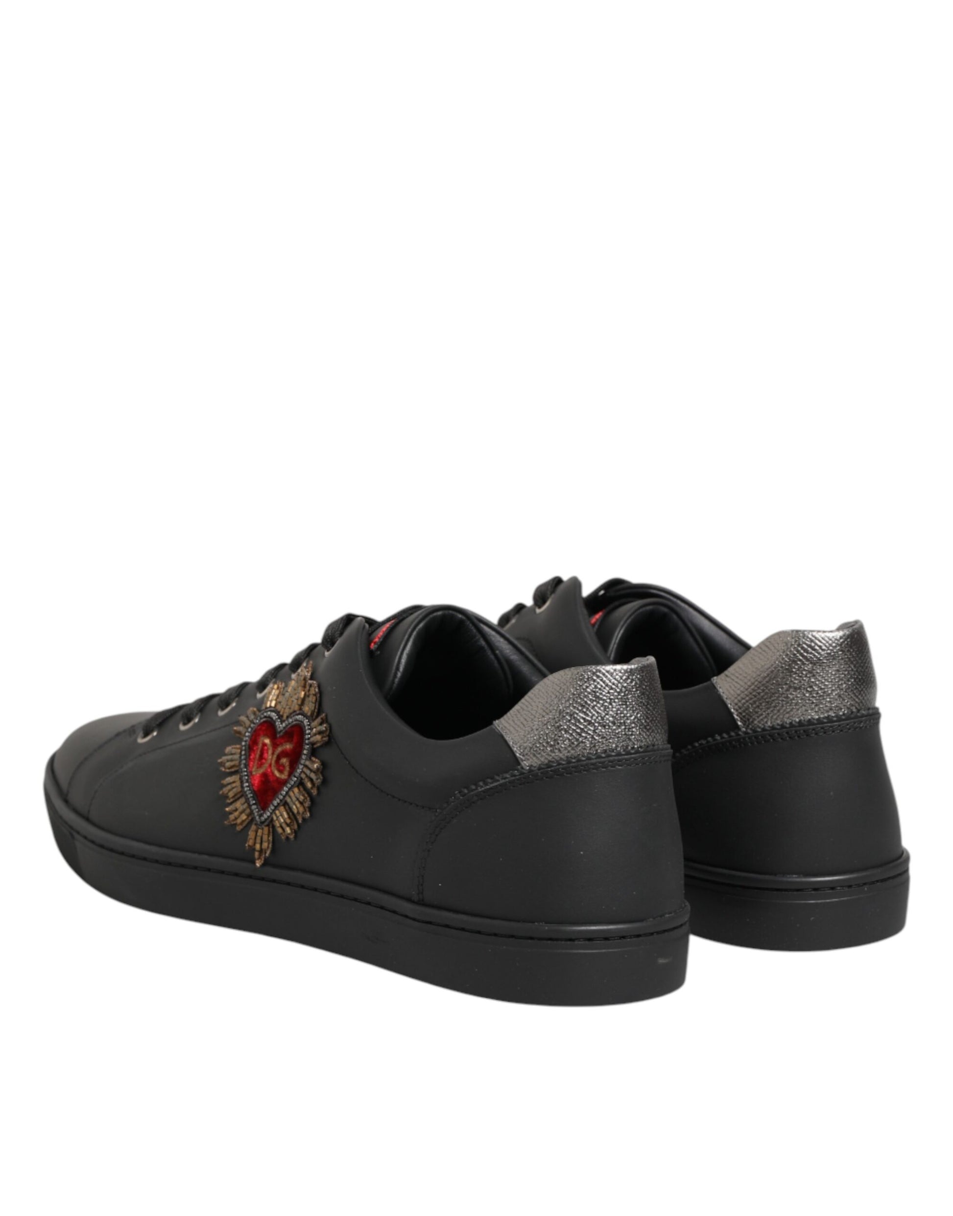 Black Leather Heart Embellished Sneakers Shoes