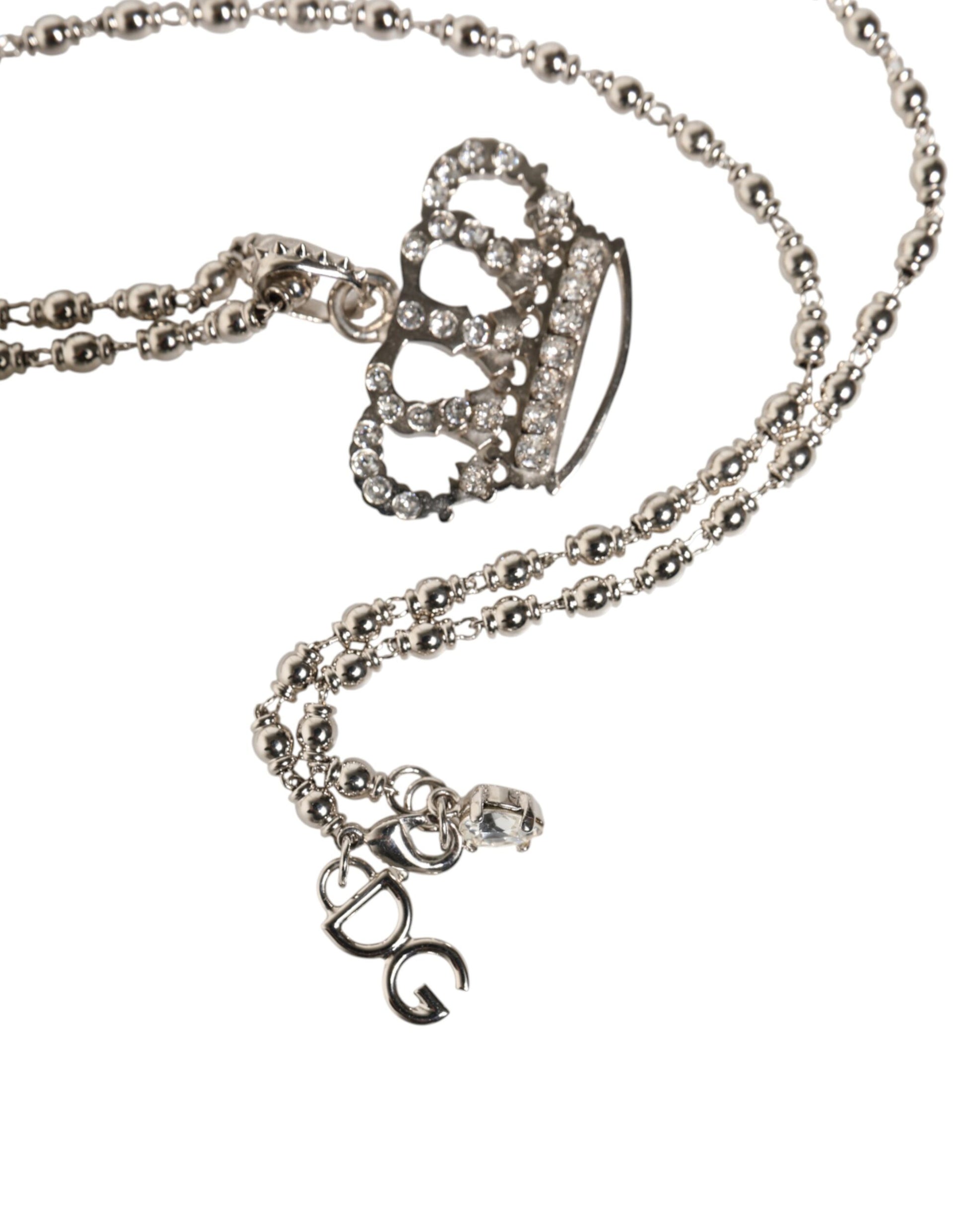 Silver Tone Brass Chain Crown Crystal Pendant  Necklace