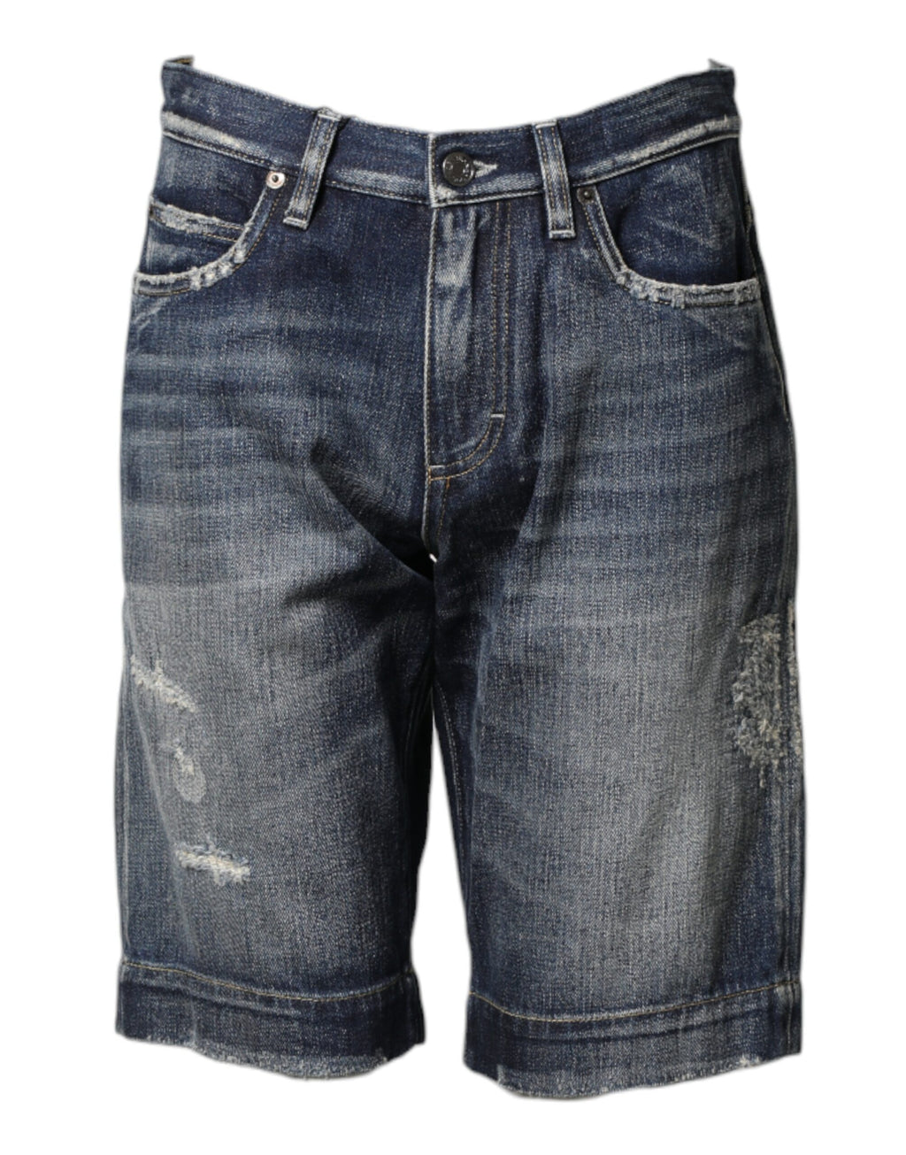 Blue Cotton Distressed Denim Bermuda Shorts