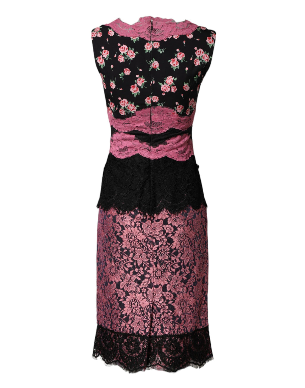 Black Pink Floral Lace Silk Sheath Dress