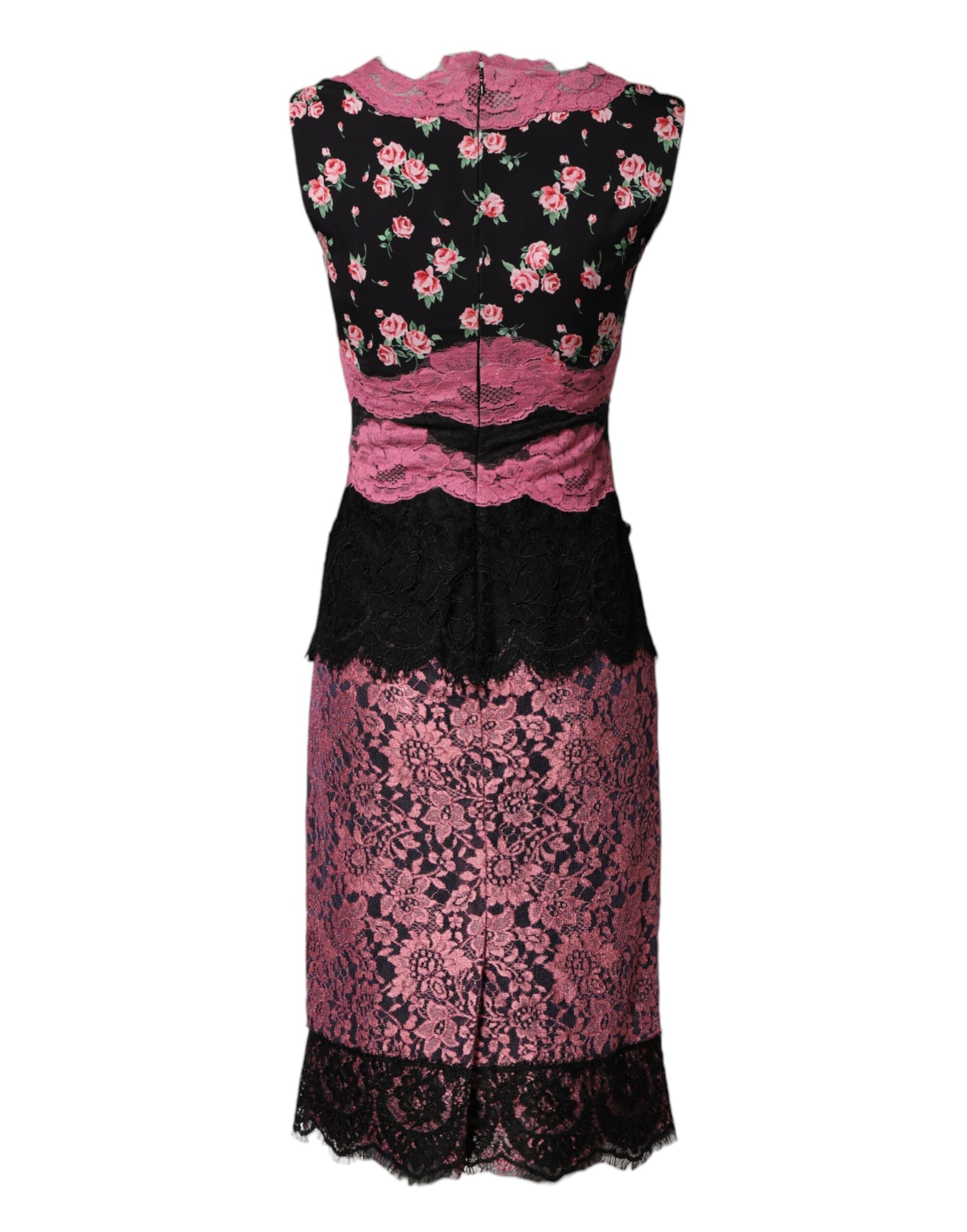 Black Pink Floral Lace Silk Sheath Dress