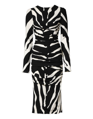 Black White Zebra Viscose Sheath Midi Dress