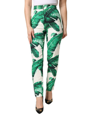 White Green Leaf High Waist Trousers Pants
