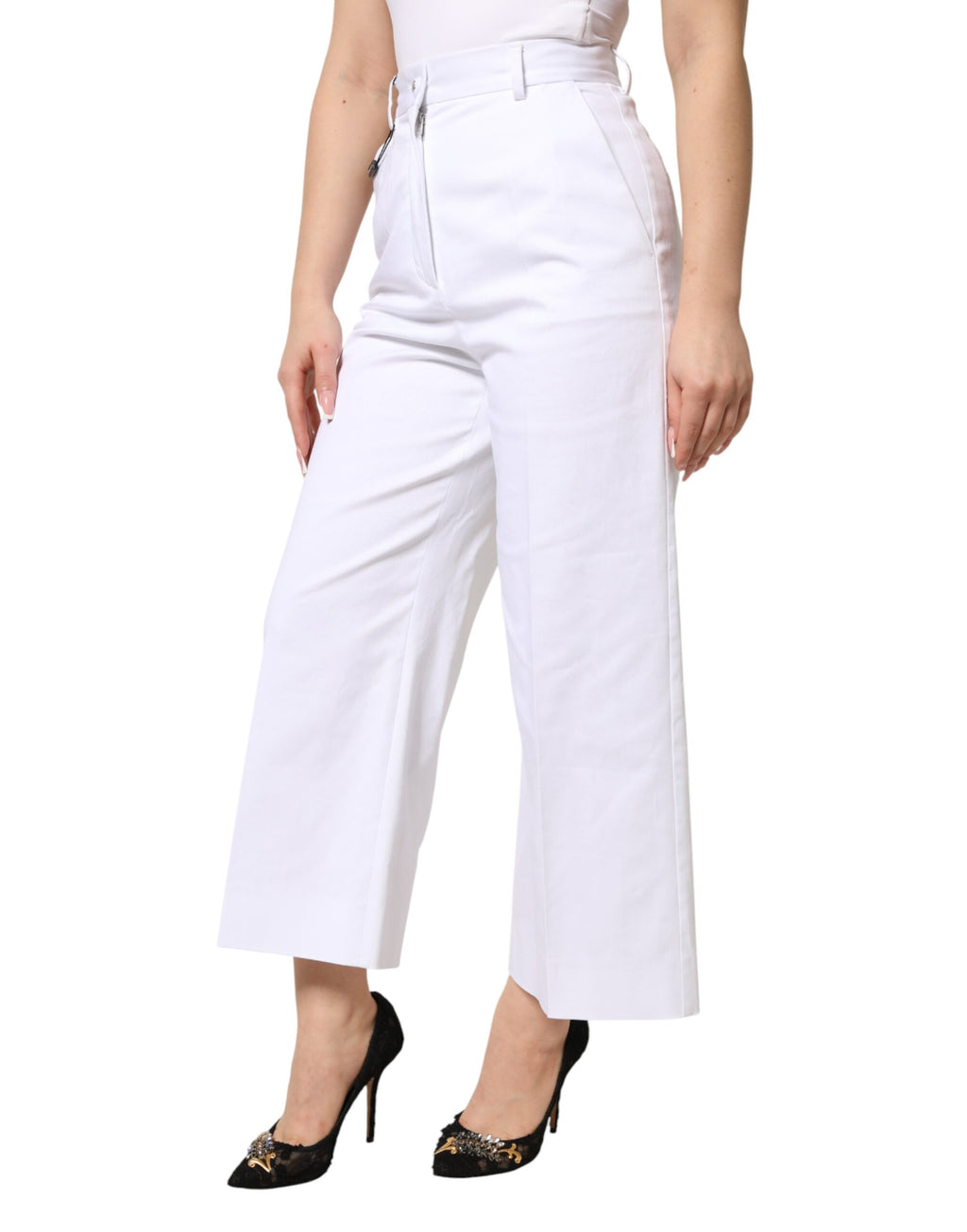 White Cotton High Waist WideLeg Cropped Pants