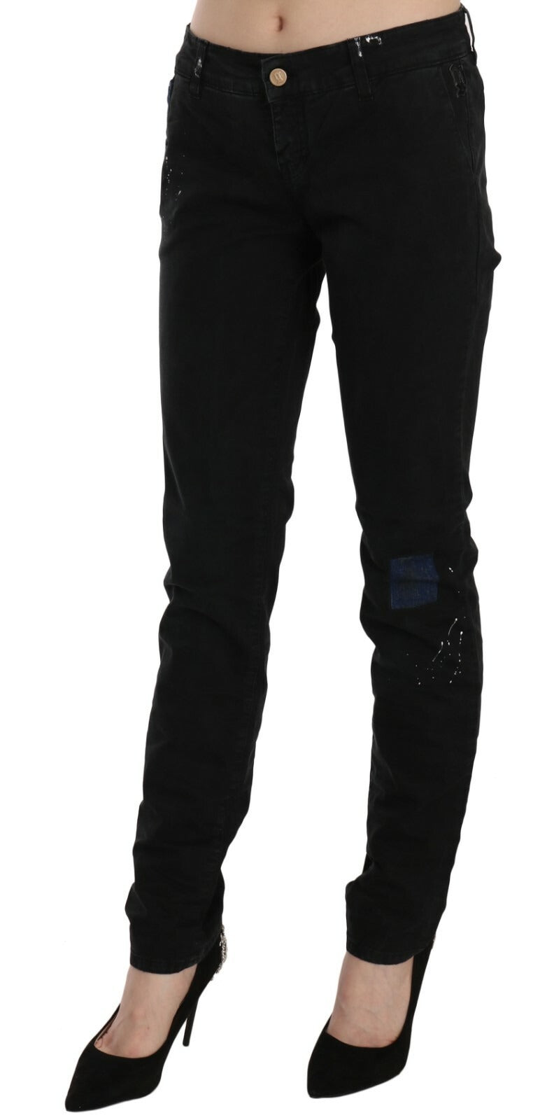Black Low Waist White Paint Skinny Denim Pants Jeans