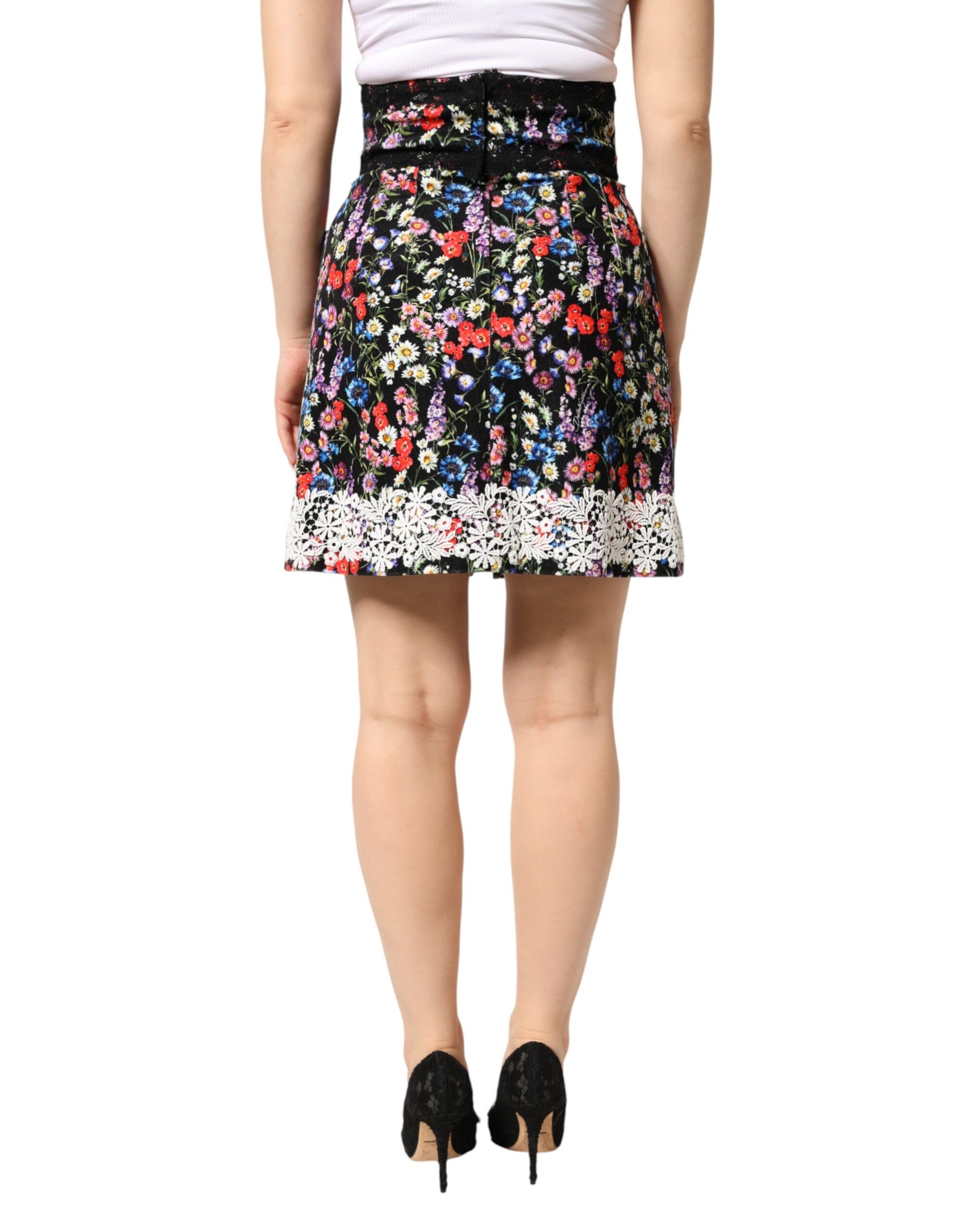 Black Floral Lace Cotton HighWaist Mini Skirt