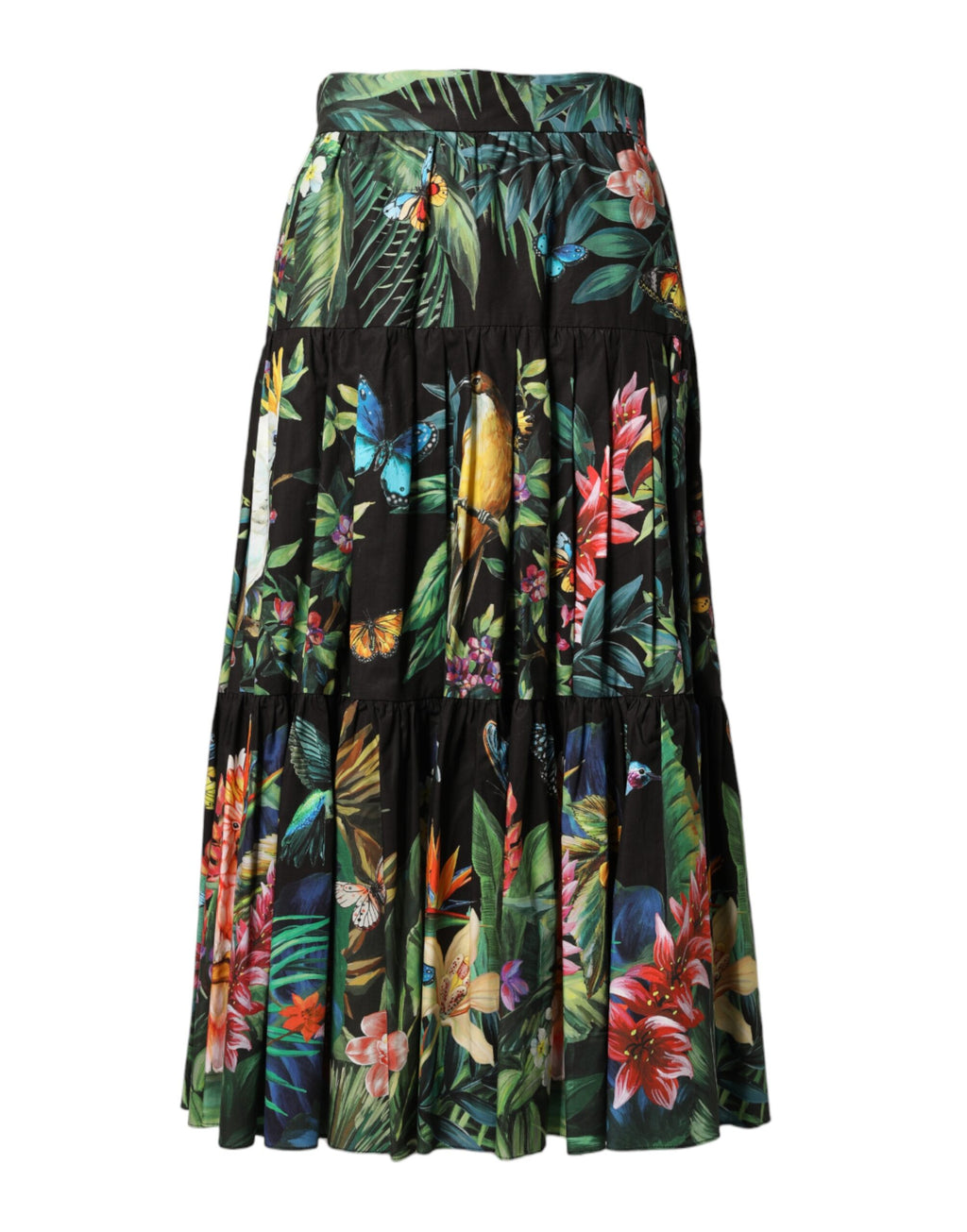 Black Cotton Floral High Waist Midi Skirt