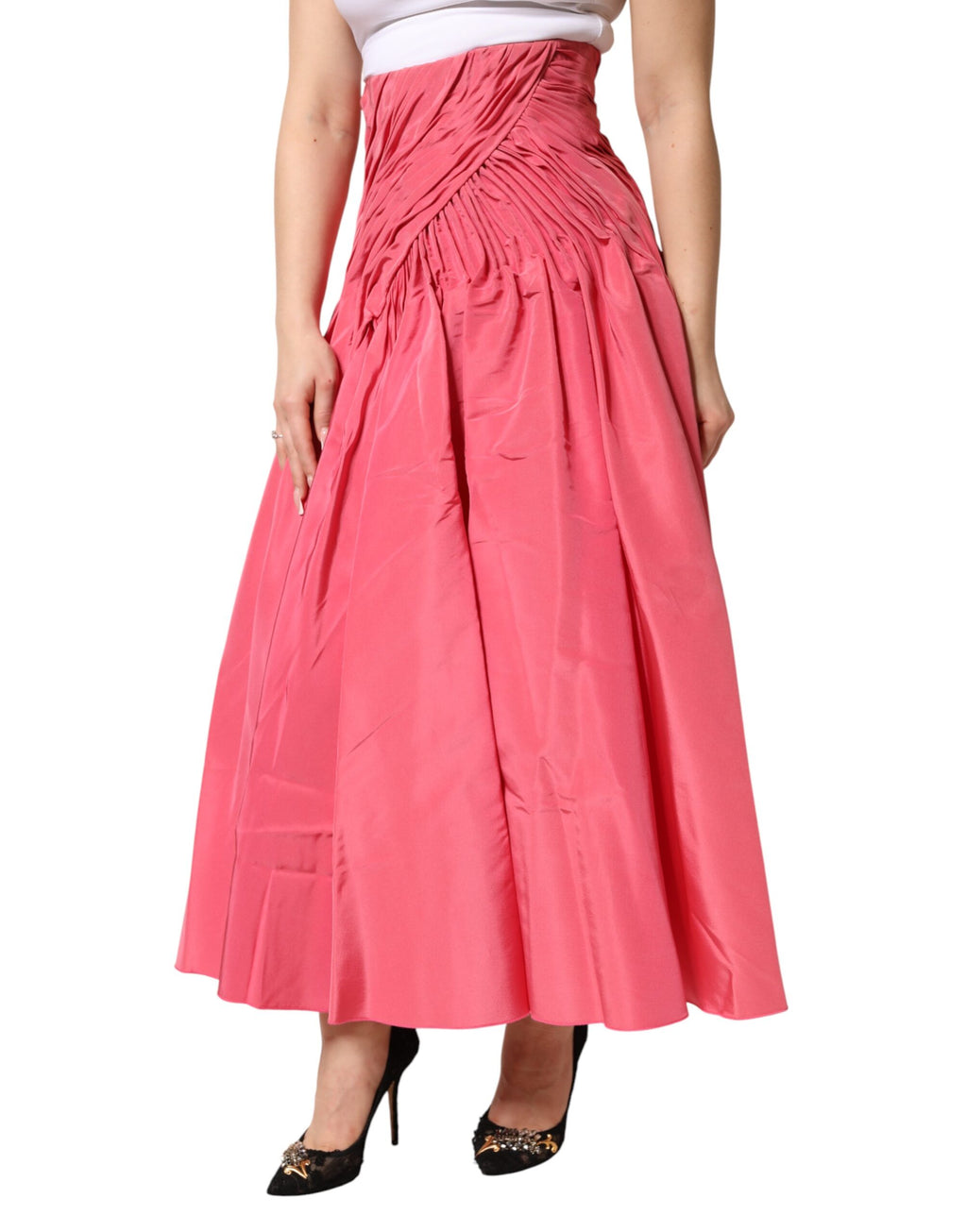 Pink Silk Pleated High Waist Midi Skirt