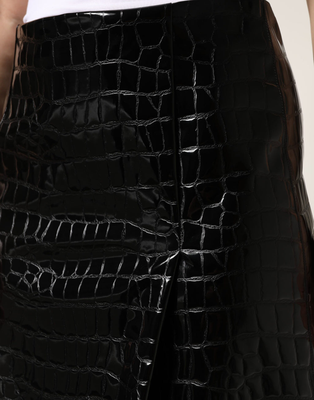 Black Croc Faux-Leather Mid Waist Midi Skirt