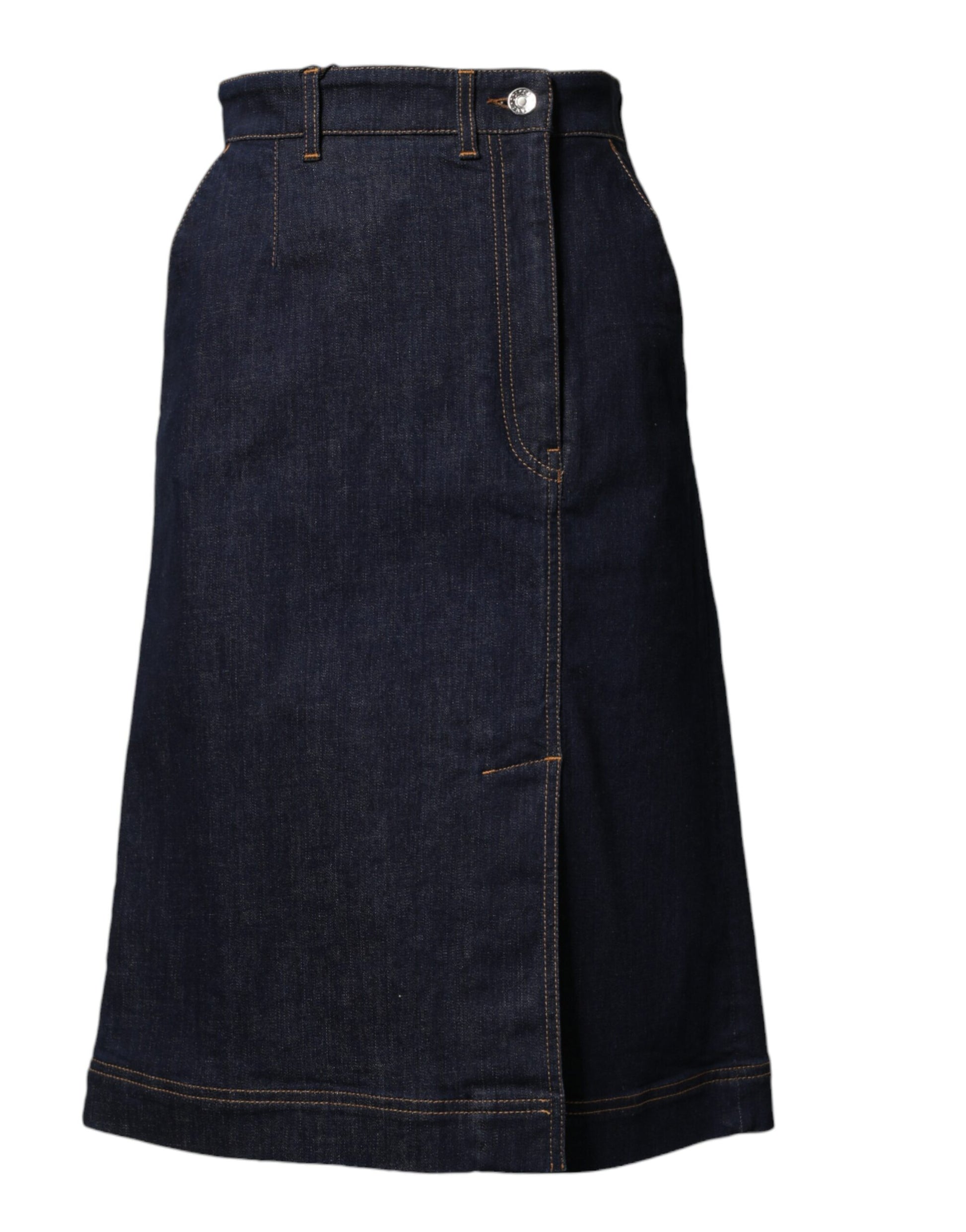 Dark Blue Cotton A-line Denim Midi Skirt