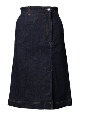 Dark Blue Cotton A-line Denim Midi Skirt