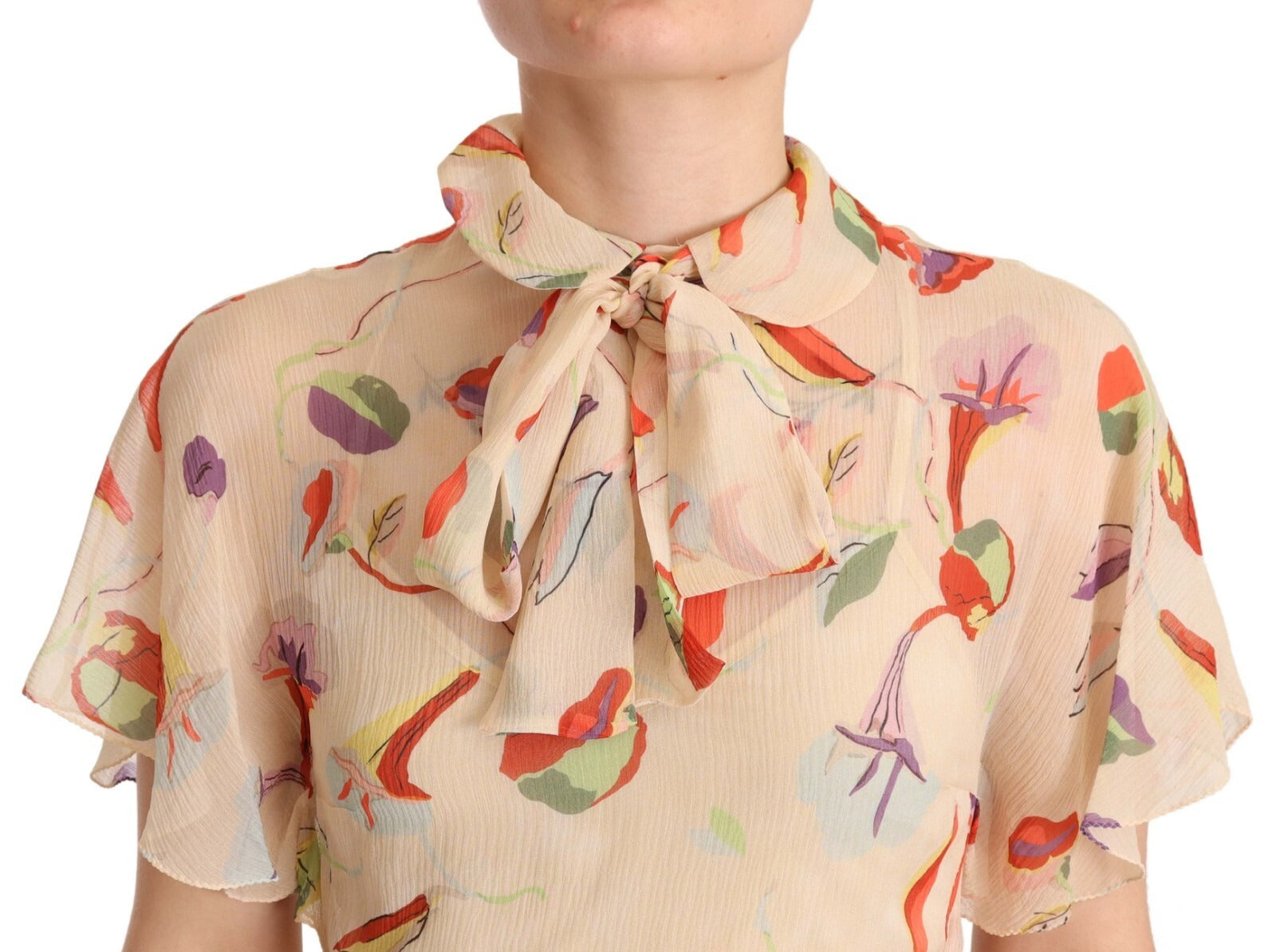 Beige Ascot Collar Short Sleeves Aline Mini Dress