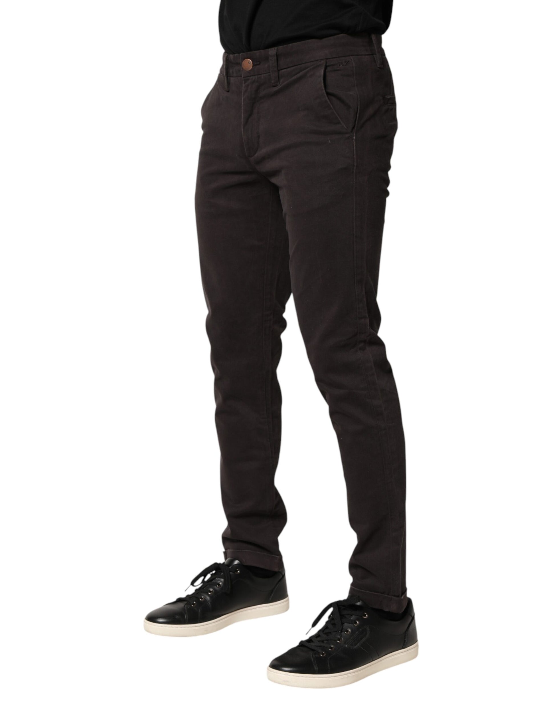 Dark Brown Cotton Stretch Skinny Mid Waist Men Trouser Pants
