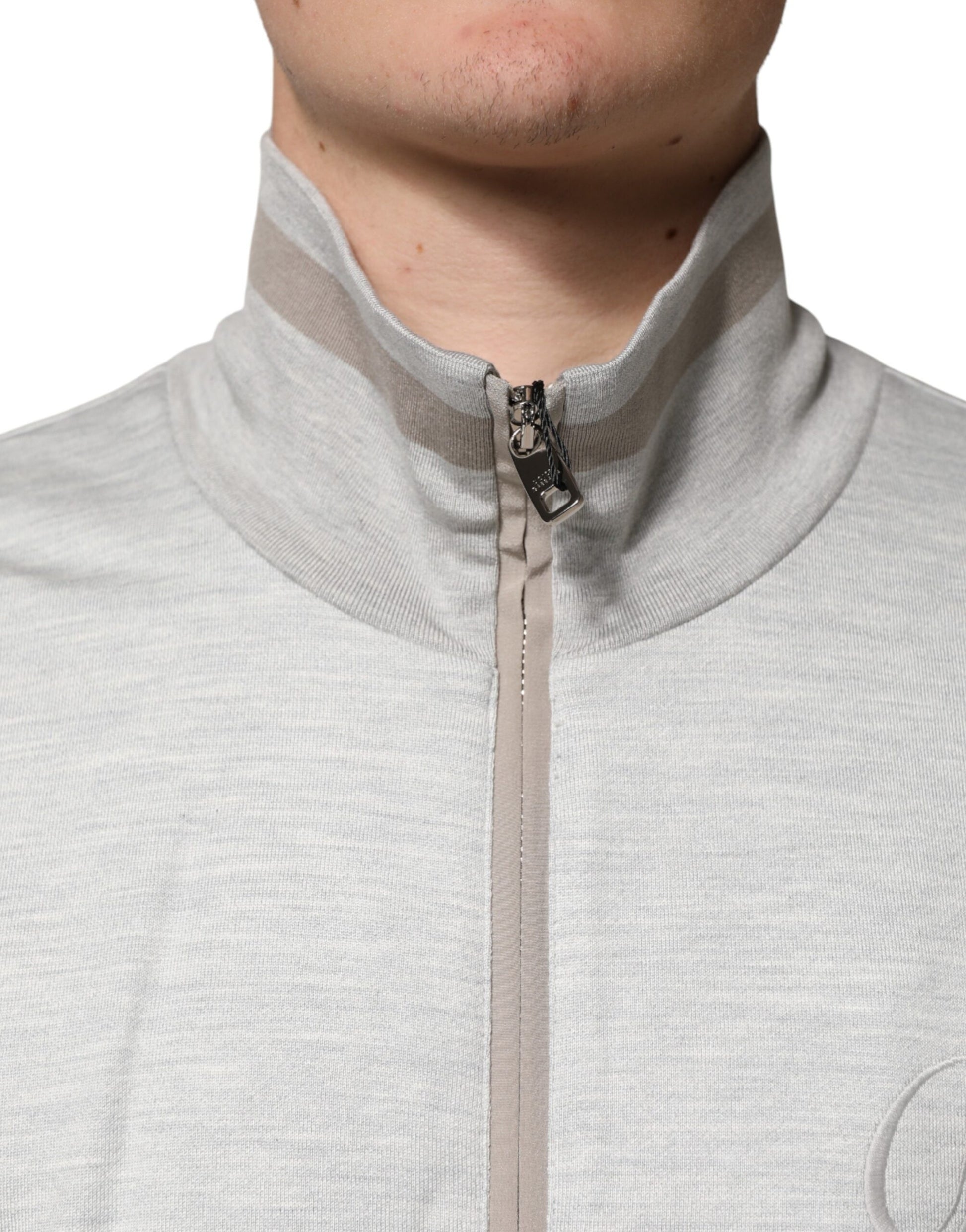 Light Gray Cotton Zipped Cardigan Sweater