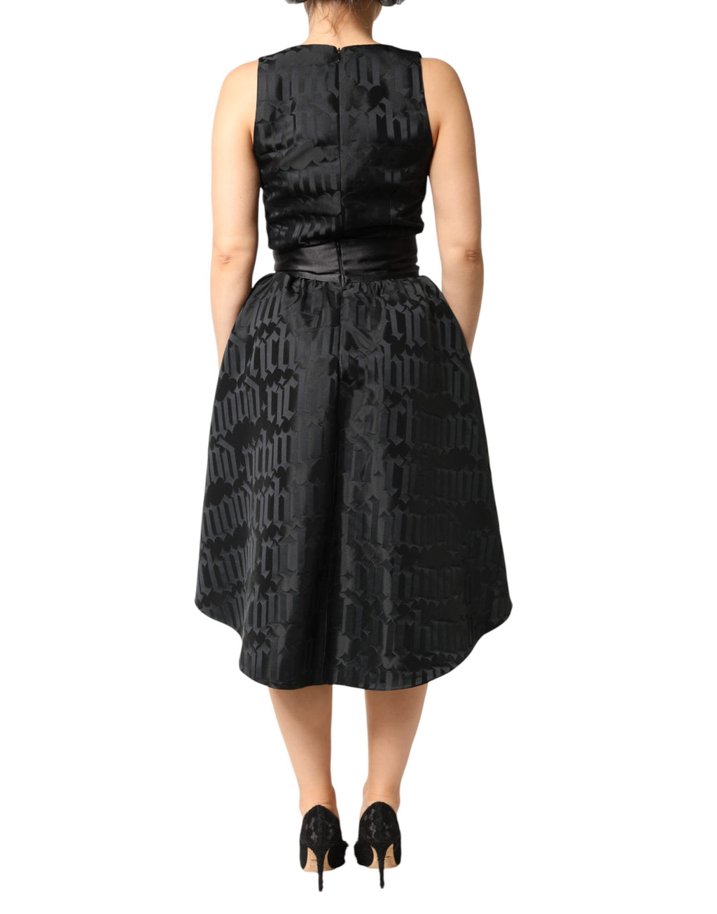 Black Jacquard Deep V-neck Sleeveless 2 Pc Dress