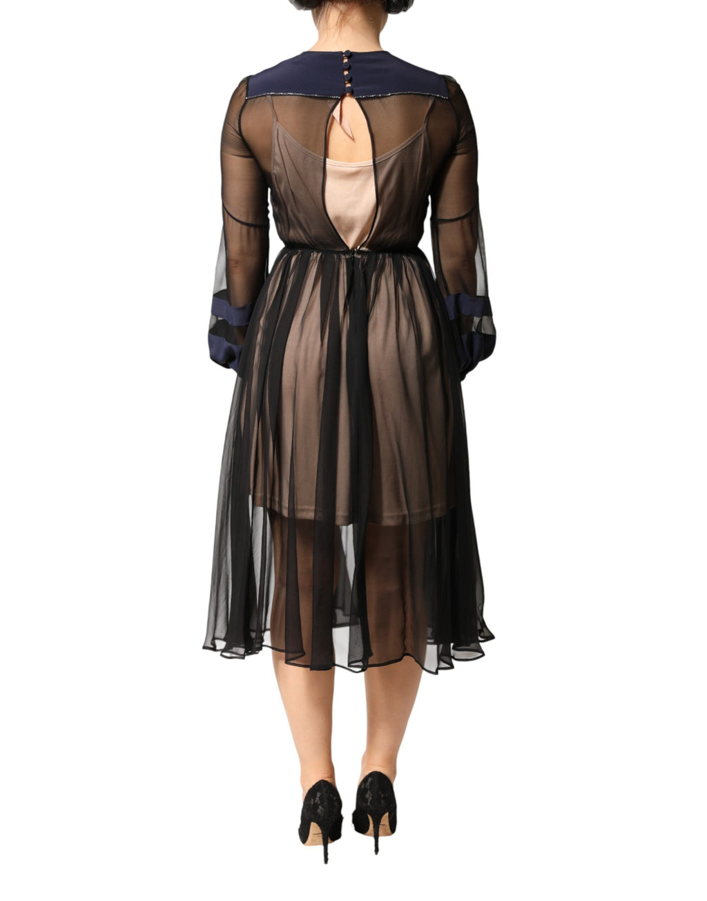 Blue Long Sleeves Sheer Silk Sheath A-line Midi Dress